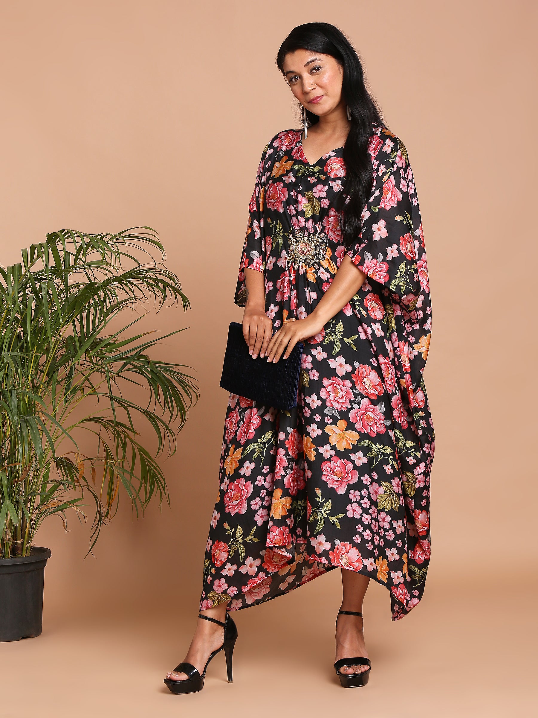 Black floral pritned kaftan