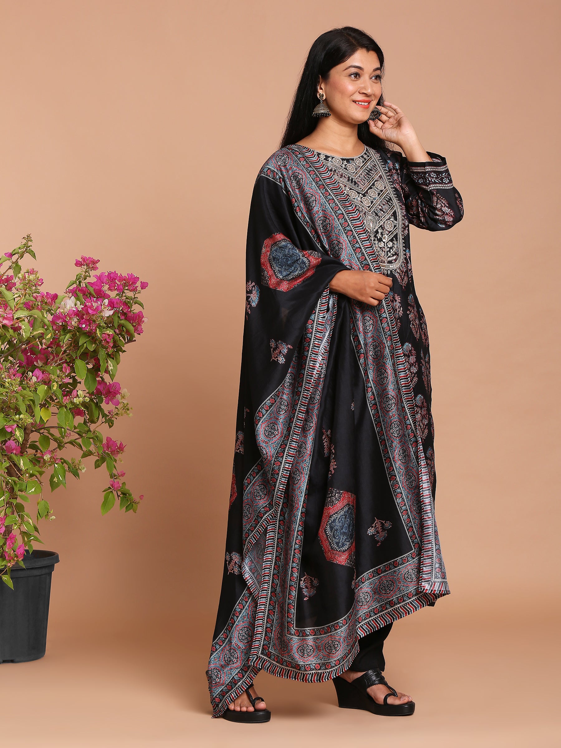 Black printed kurta with pants and dupatta