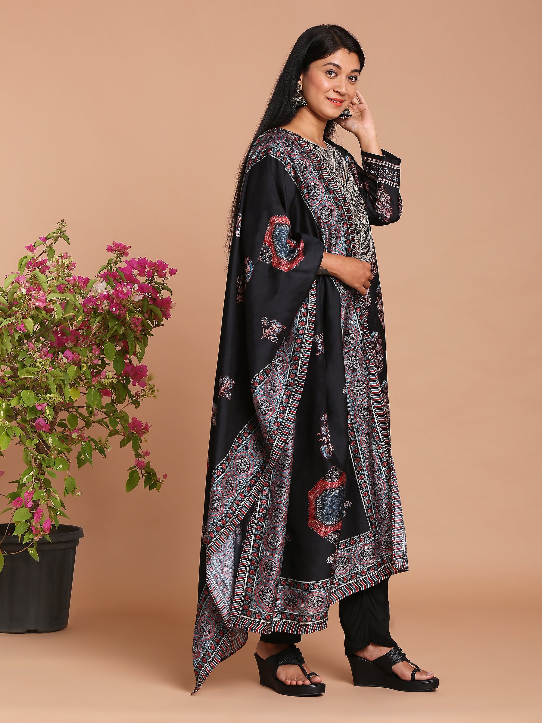 Black printed kurta with pants and dupatta