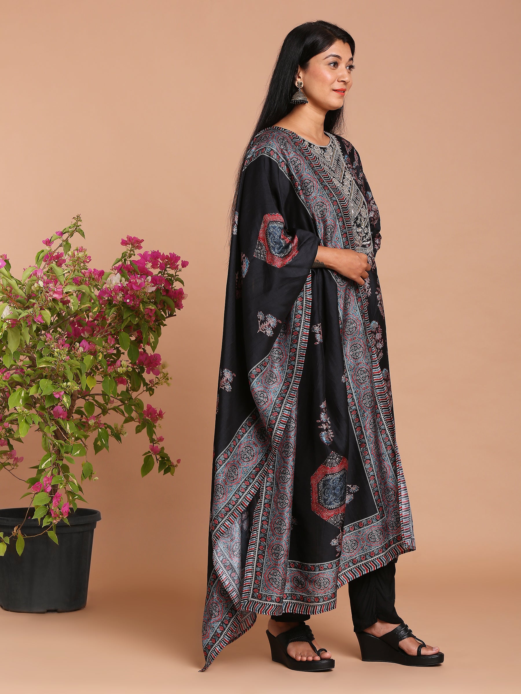 Black printed kurta with pants and dupatta