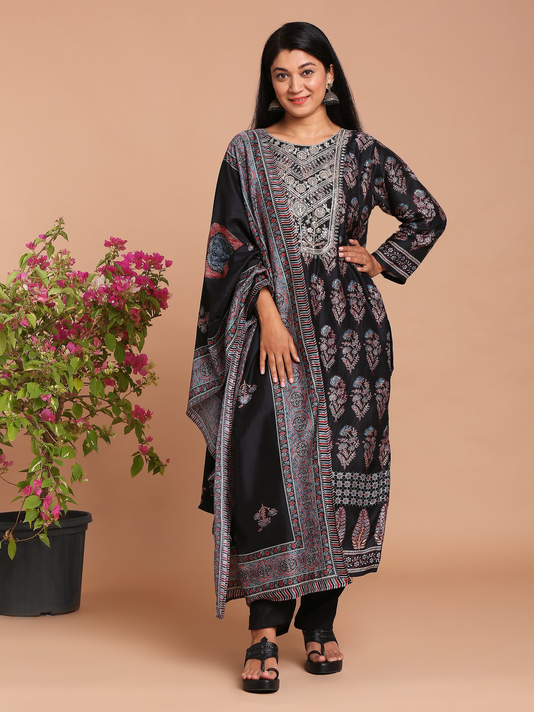 Black printed kurta with pants and dupatta