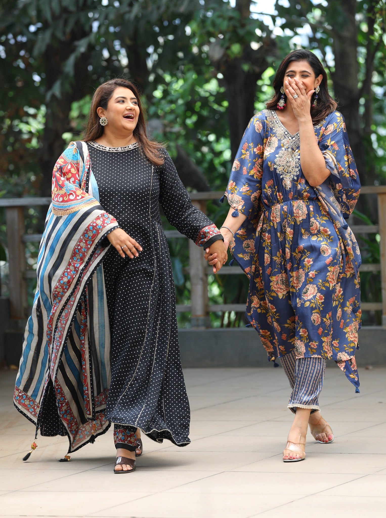 Black bandhni printed kurta with pants and floral dupatta