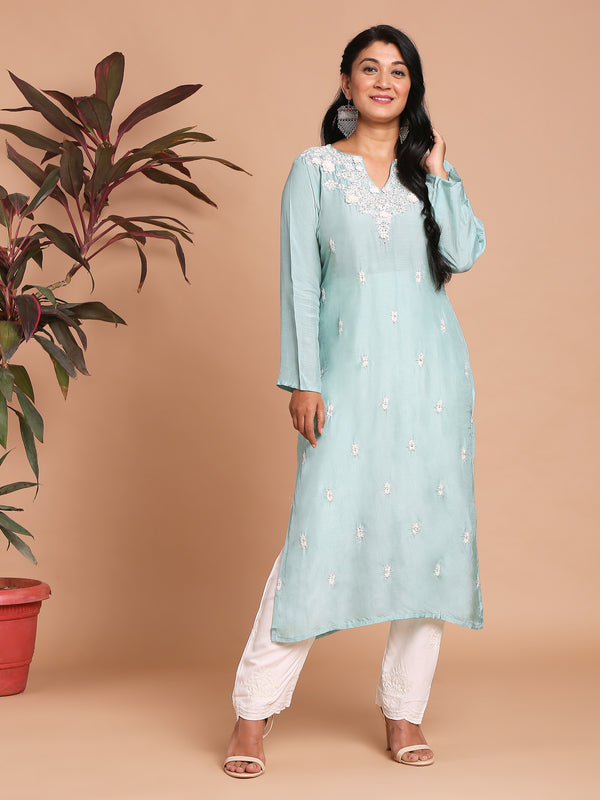 Blue threadwork kurta with white pants