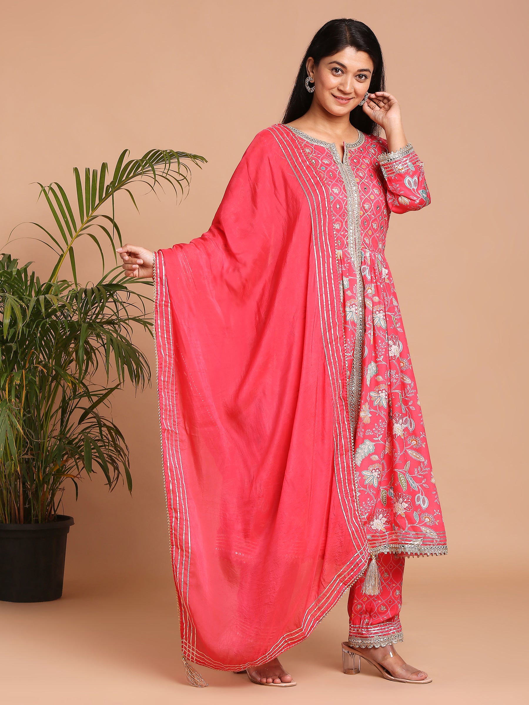 Bright pink printed kurta with pants and dupatta