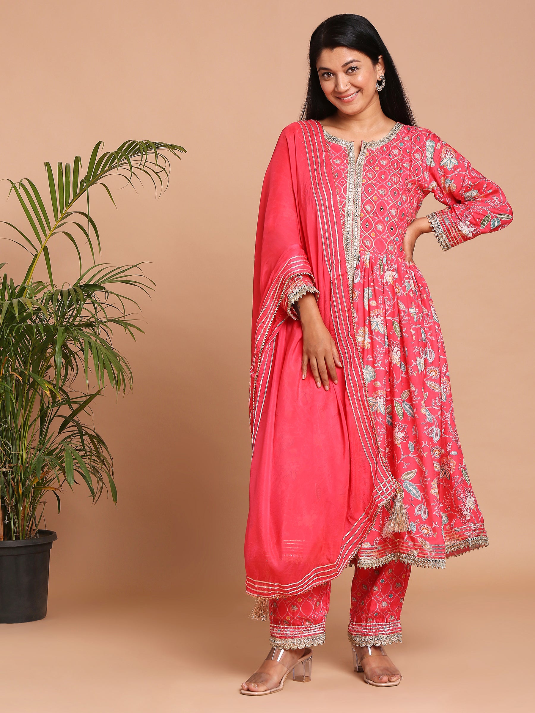 Bright pink printed kurta with pants and dupatta