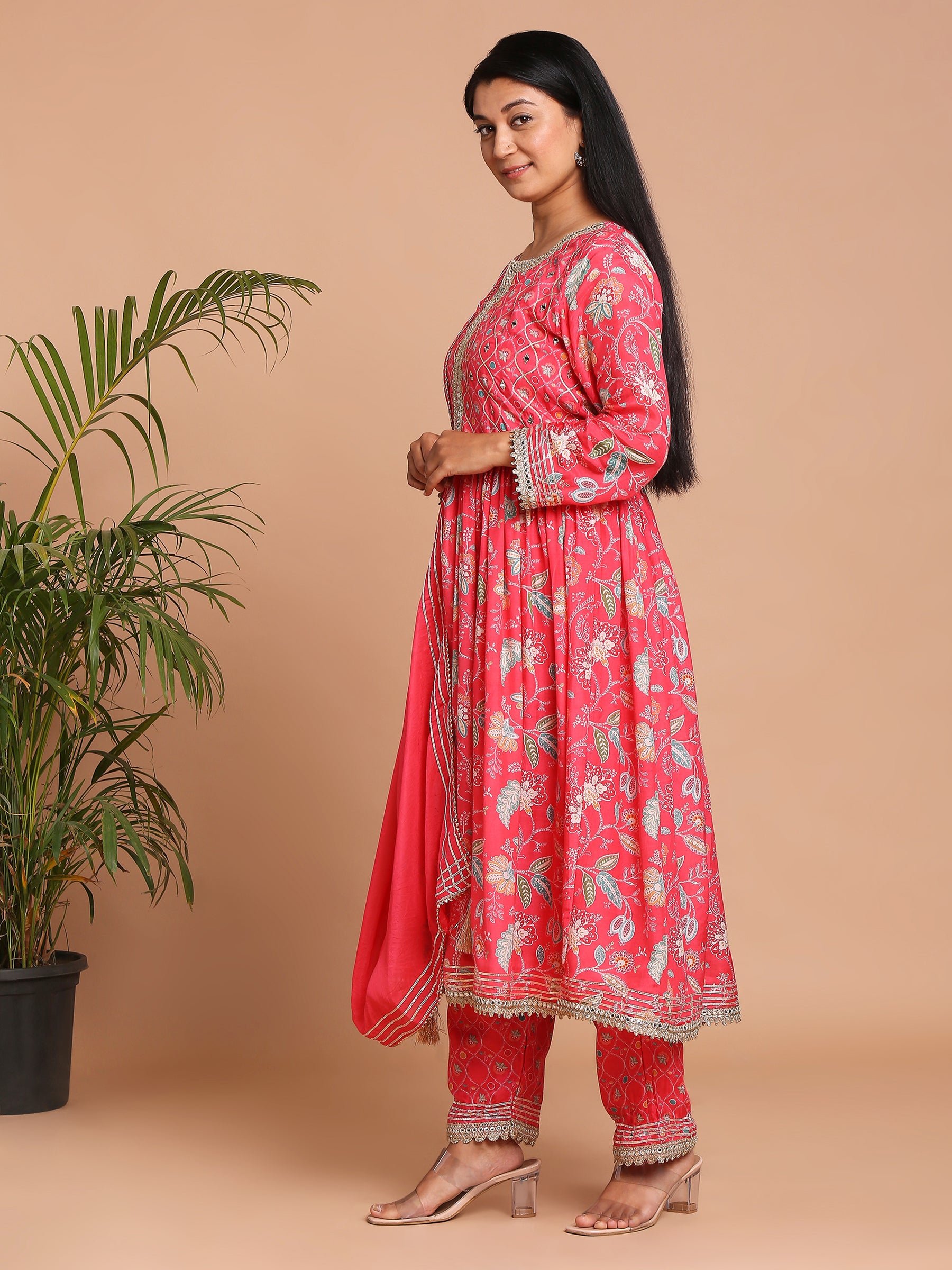 Bright pink printed kurta with pants and dupatta