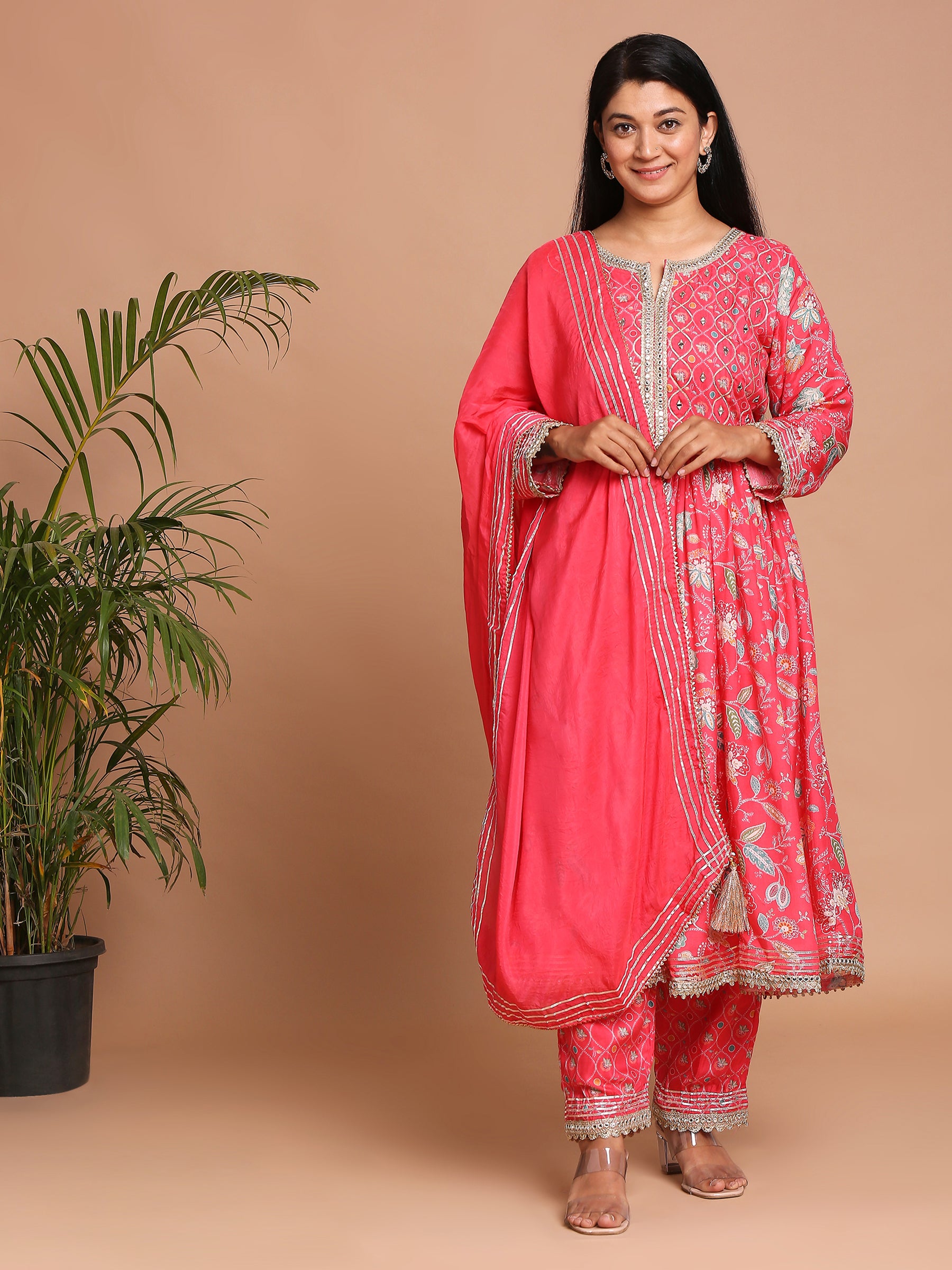 Bright pink printed kurta with pants and dupatta