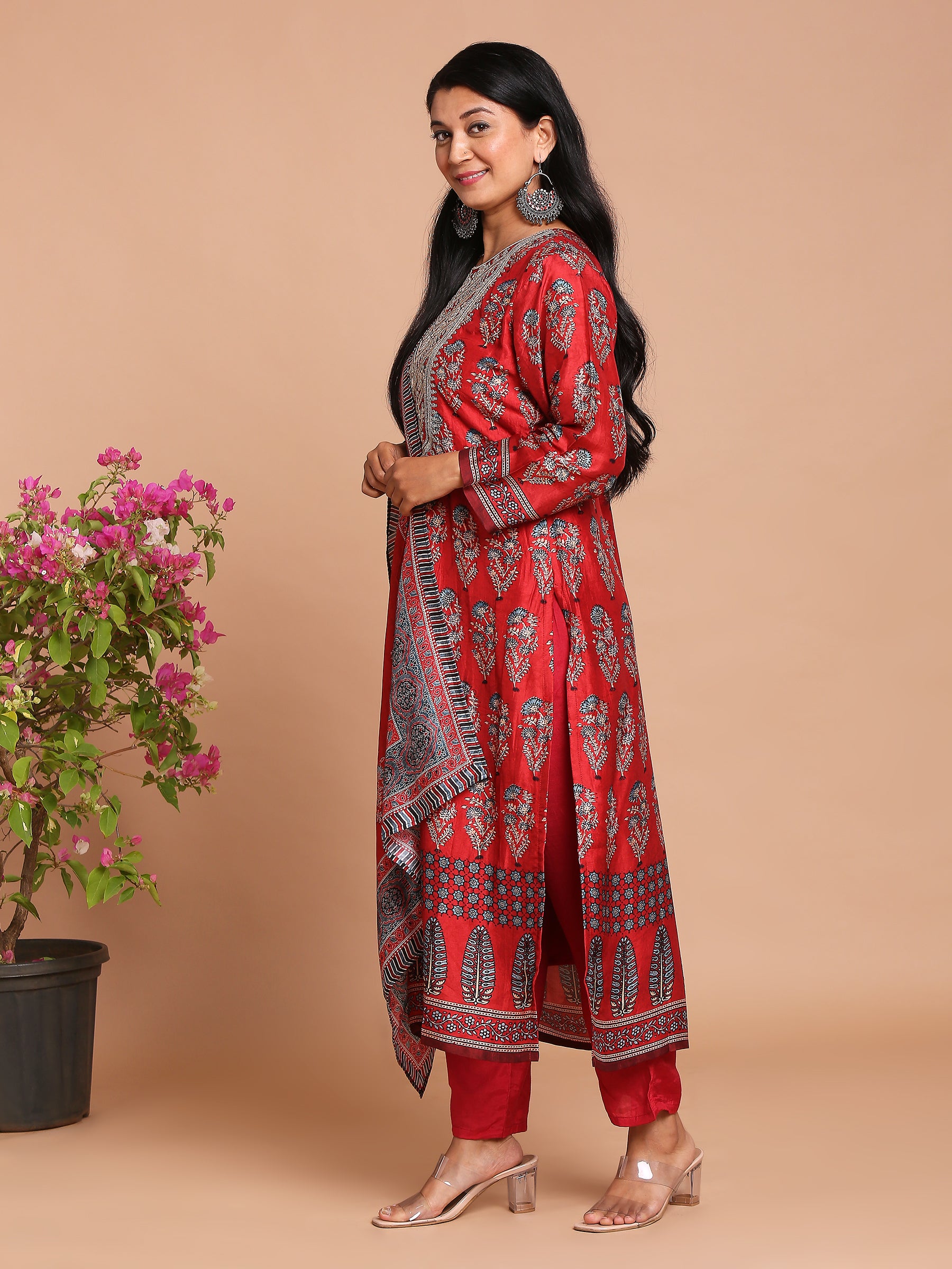 Bright red printed kurta with pants and dupatta