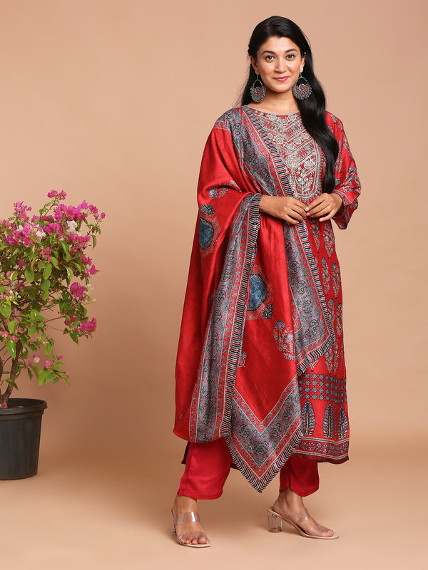 Bright red printed kurta with pants and dupatta