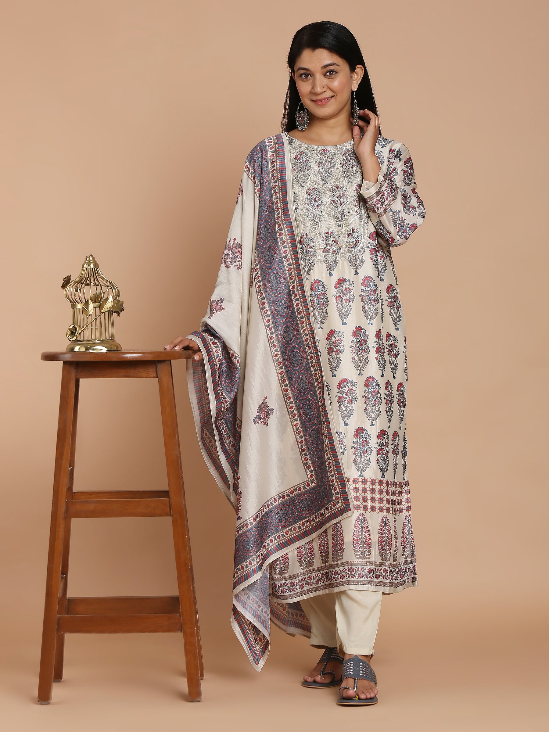 Cream printed kurta with pants and dupatta