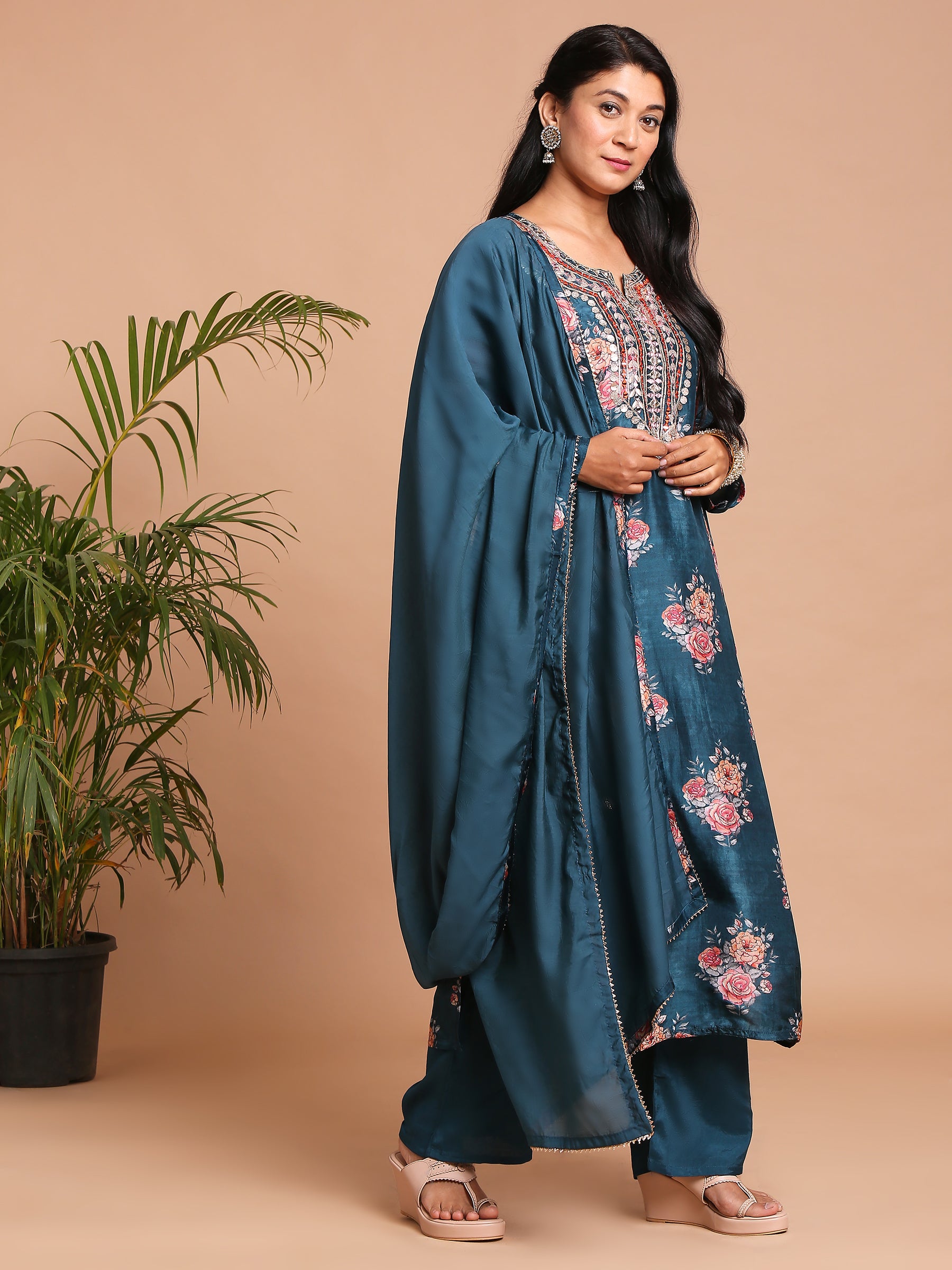 Deep blue floral printed kurta with pants and dupatta