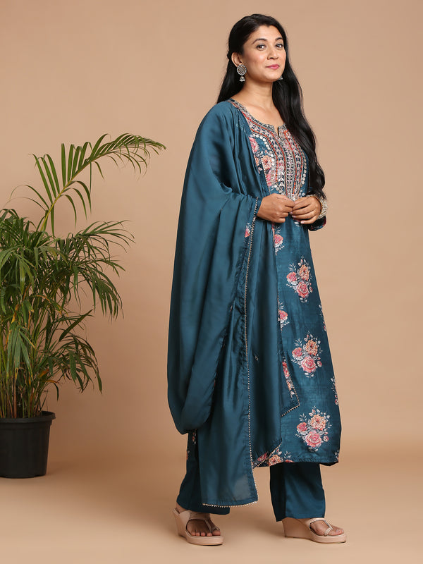 Deep blue floral printed kurta with pants and dupatta