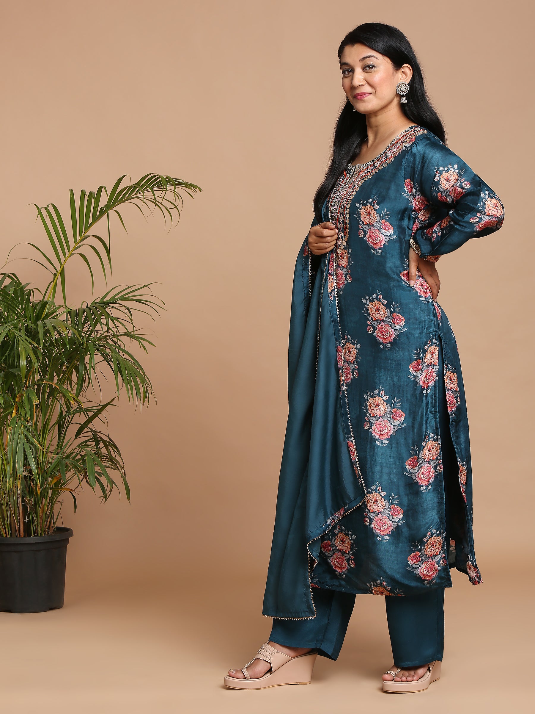 Deep blue floral printed kurta with pants and dupatta