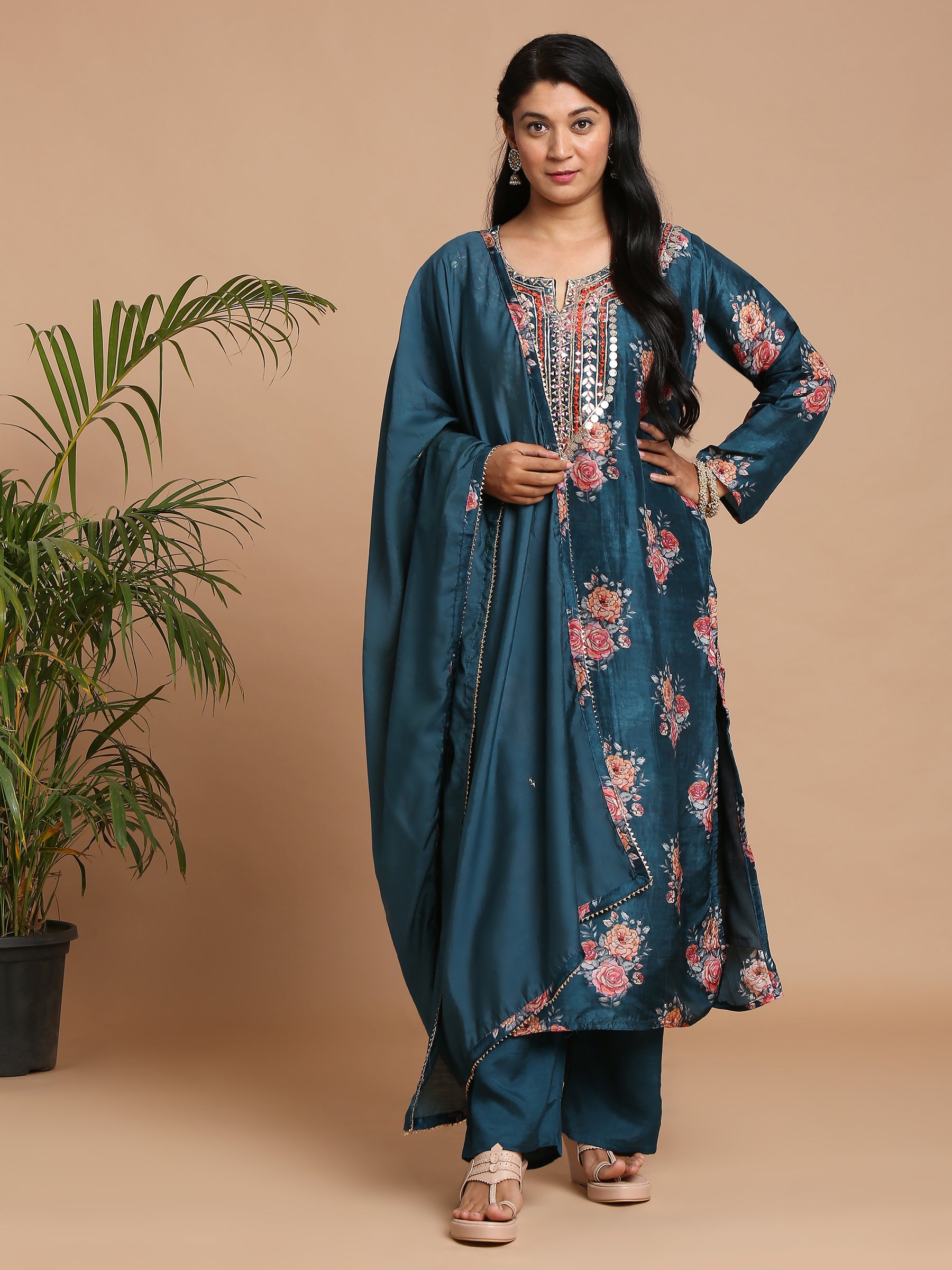 Deep blue floral printed kurta with pants and dupatta