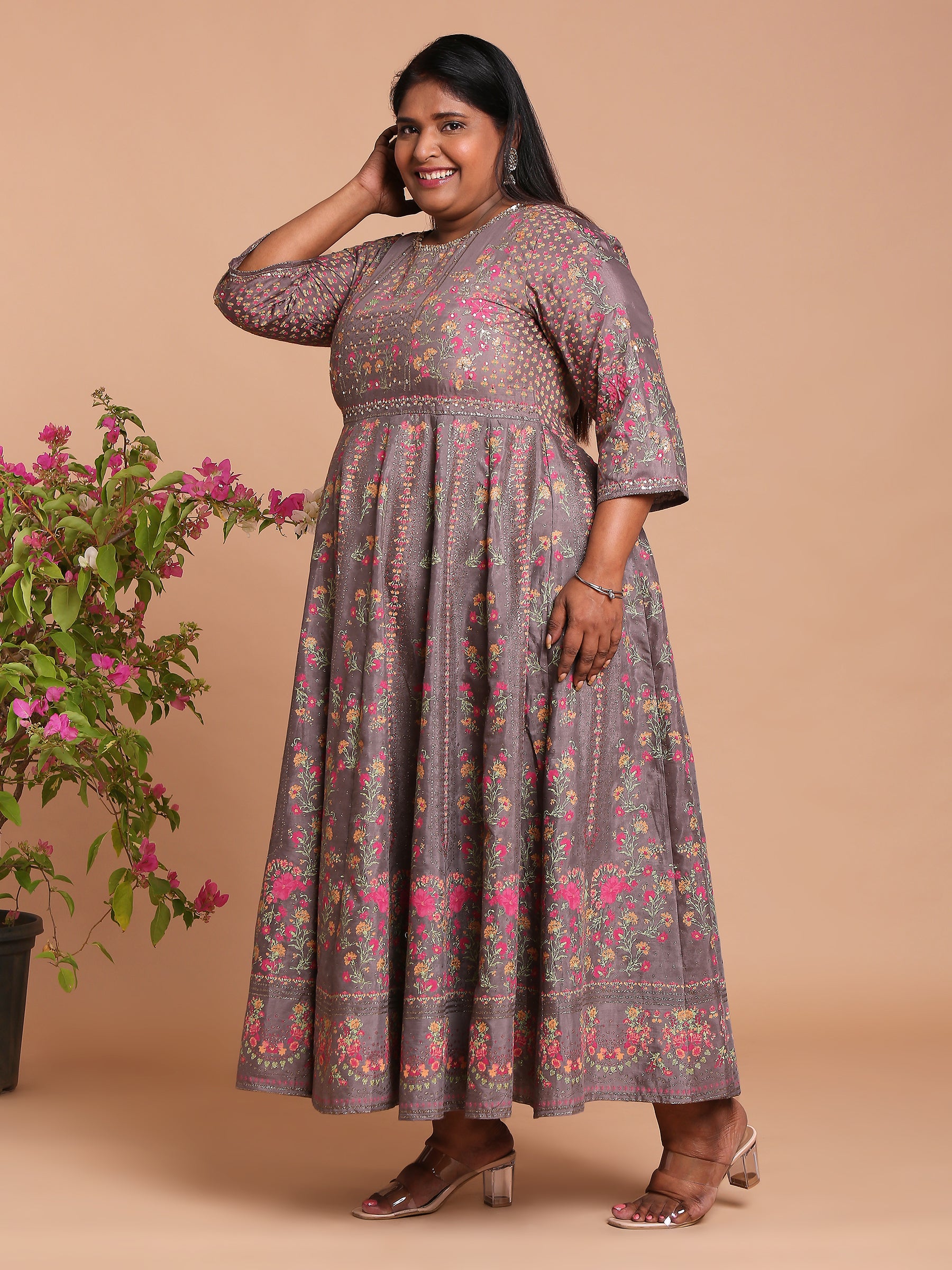 Grey and pink printed midi dress with embroidery