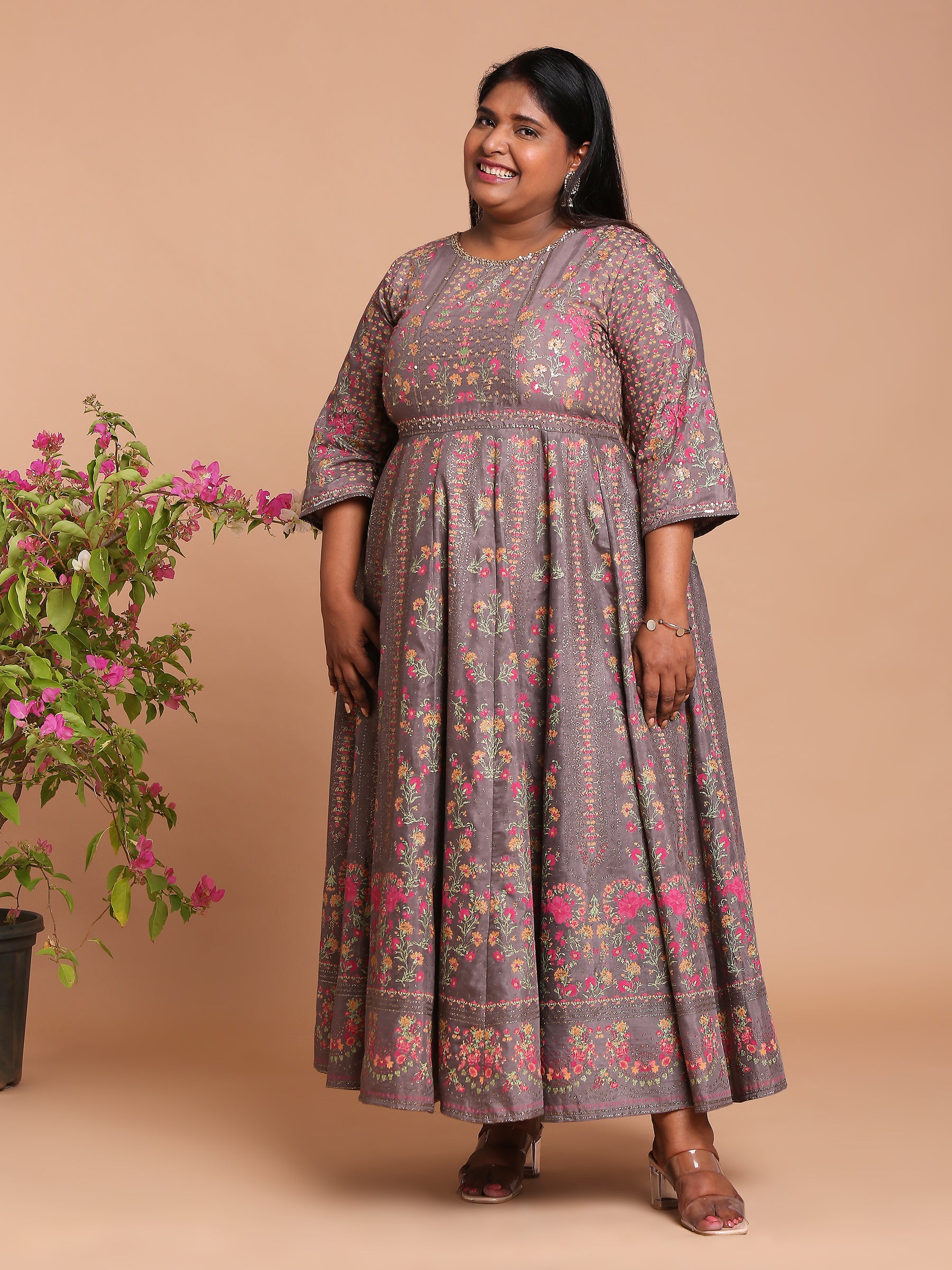 Grey and pink printed midi dress with embroidery