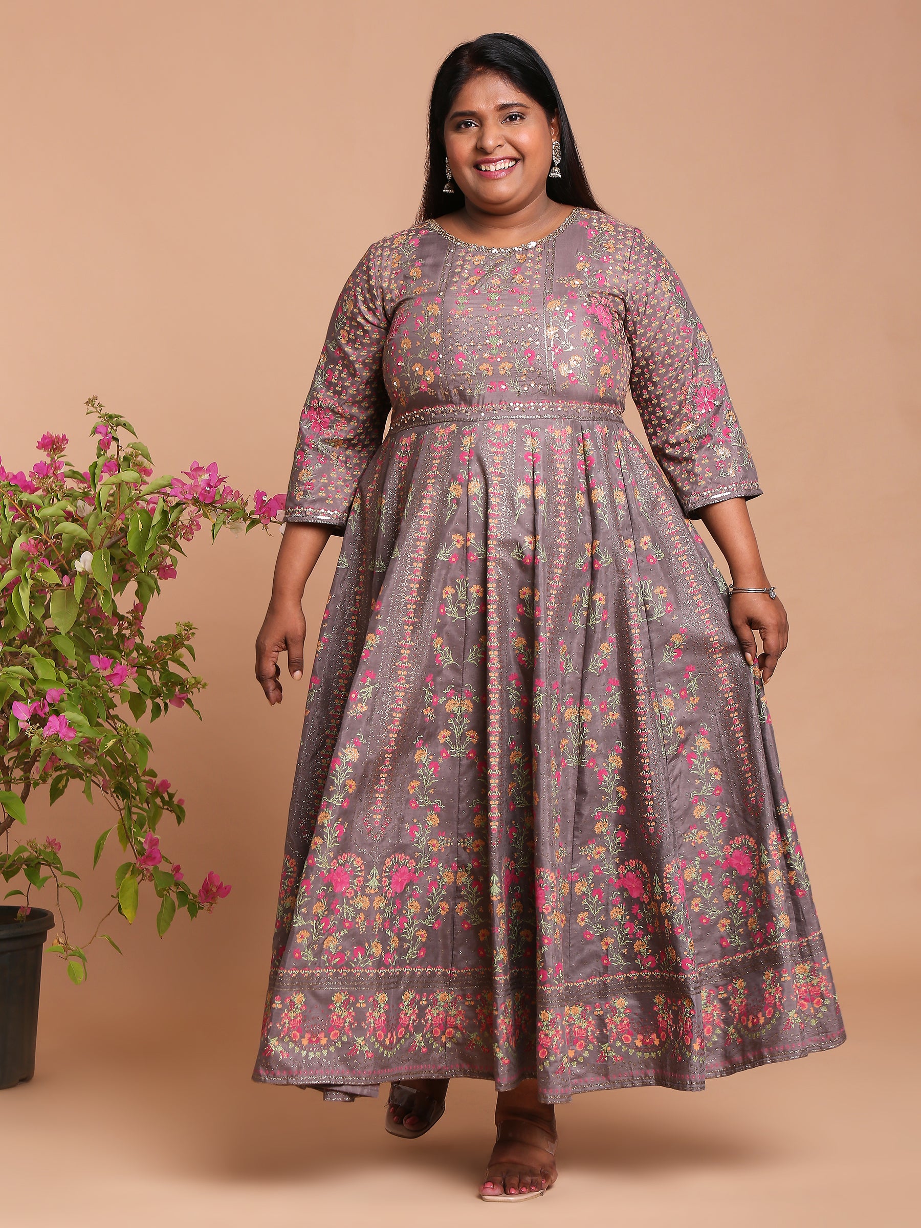 Grey and pink printed midi dress with embroidery