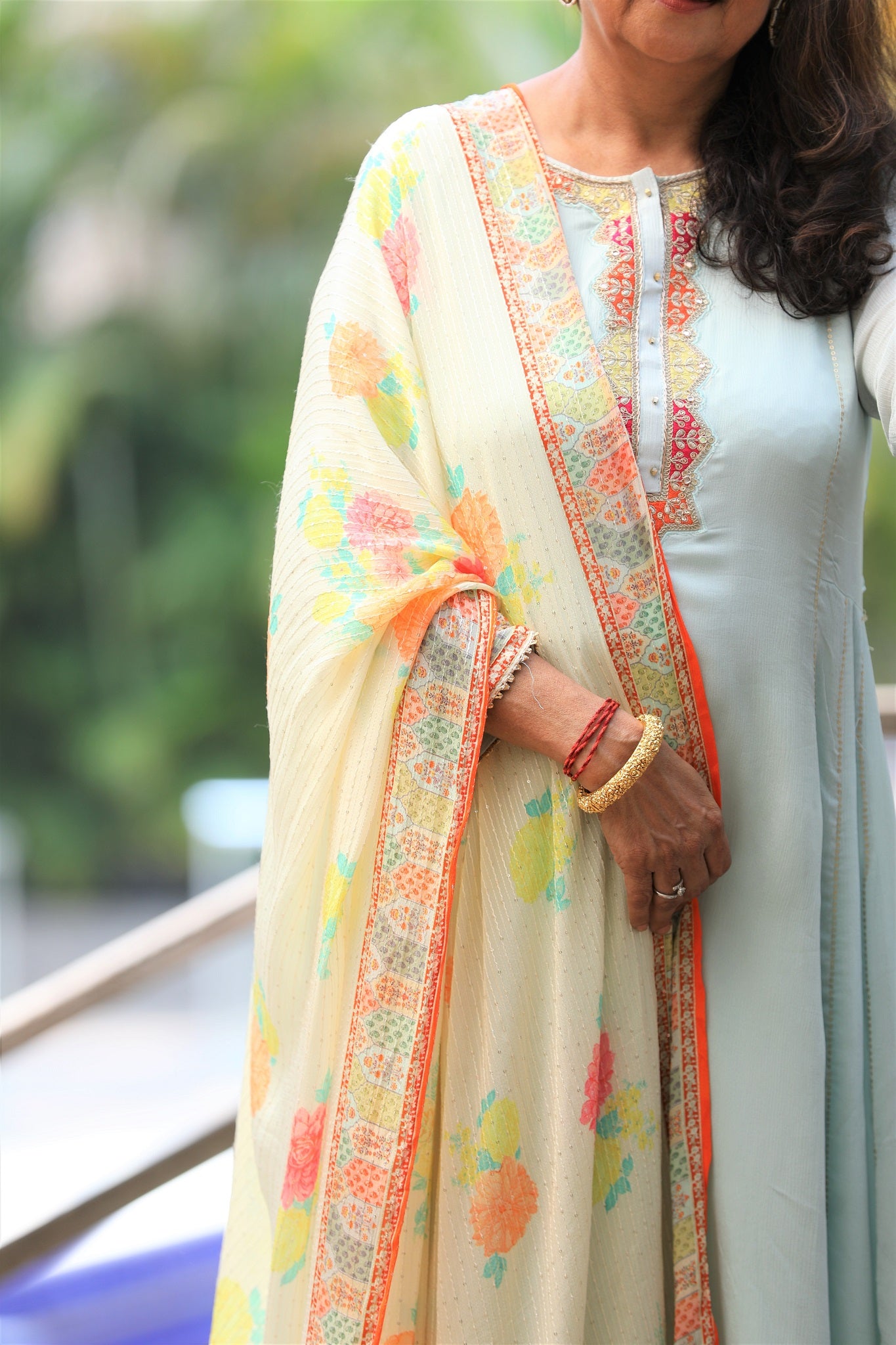 Light blue kurta with pants and floral printed dupatta