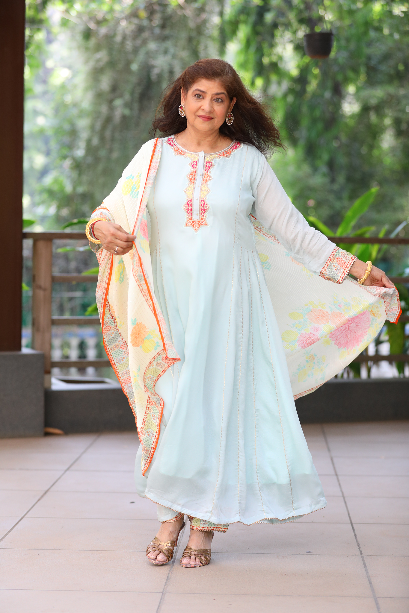 Light blue kurta with pants and floral printed dupatta