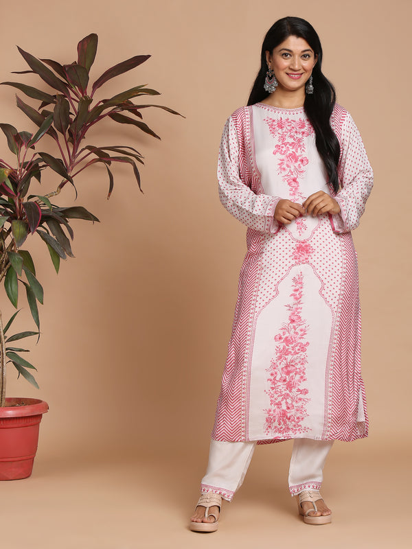 Light grey and pink printed kurta with pants