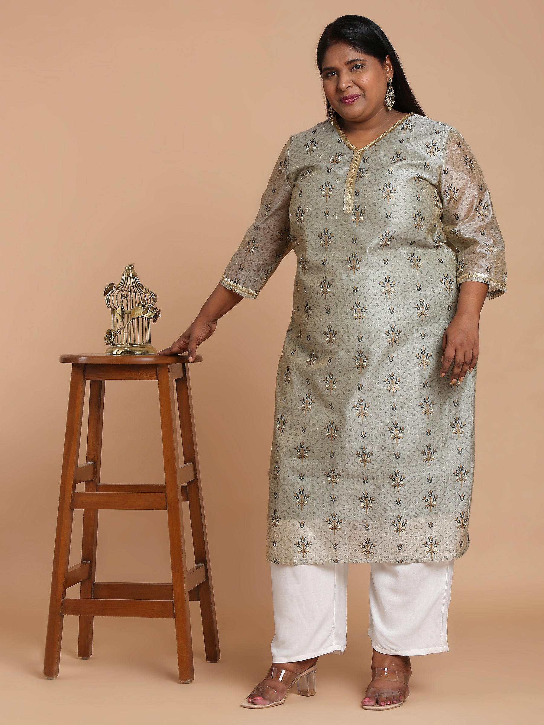 Light grey printed kurta with white pants