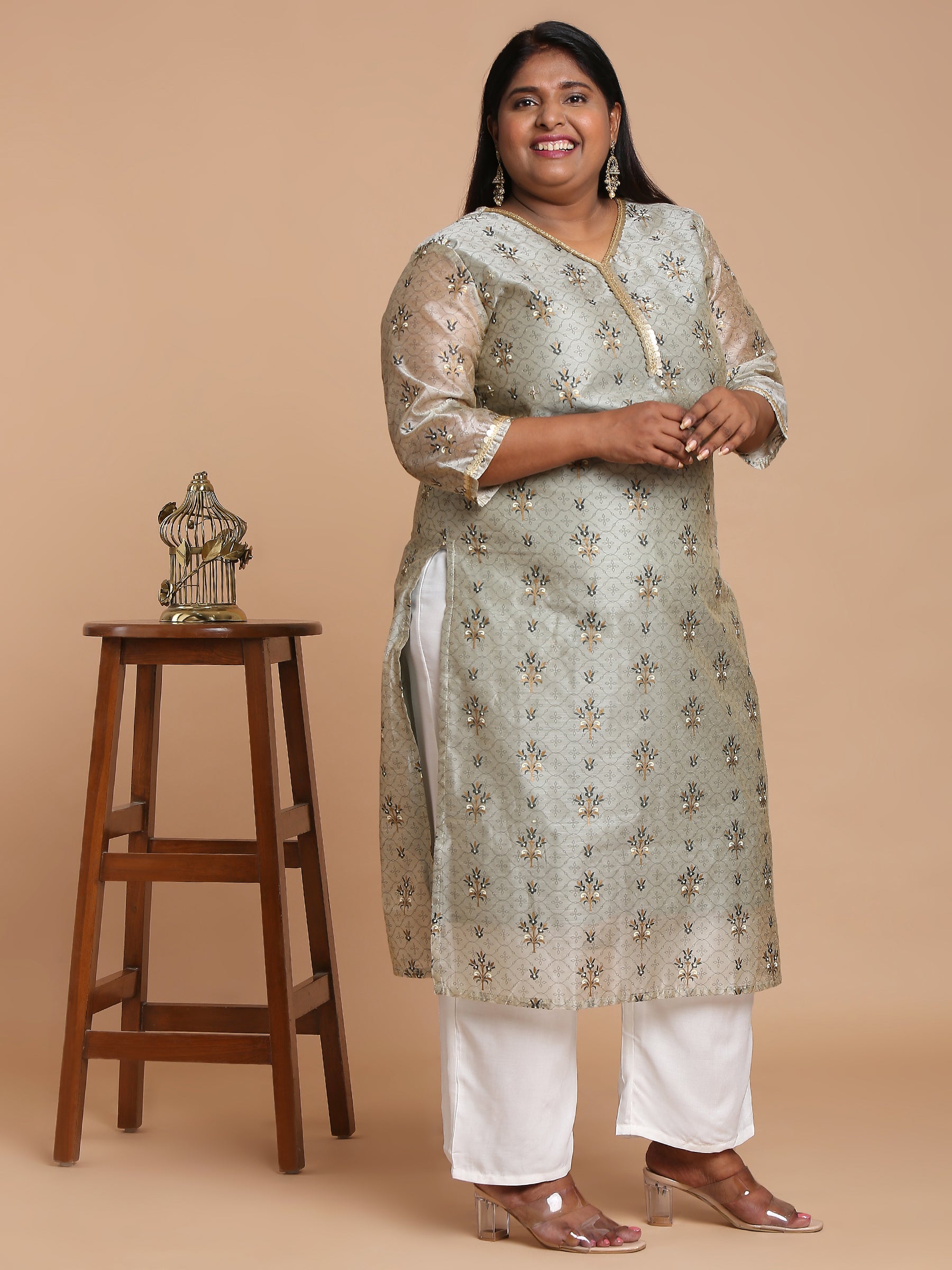 Light grey printed kurta with white pants