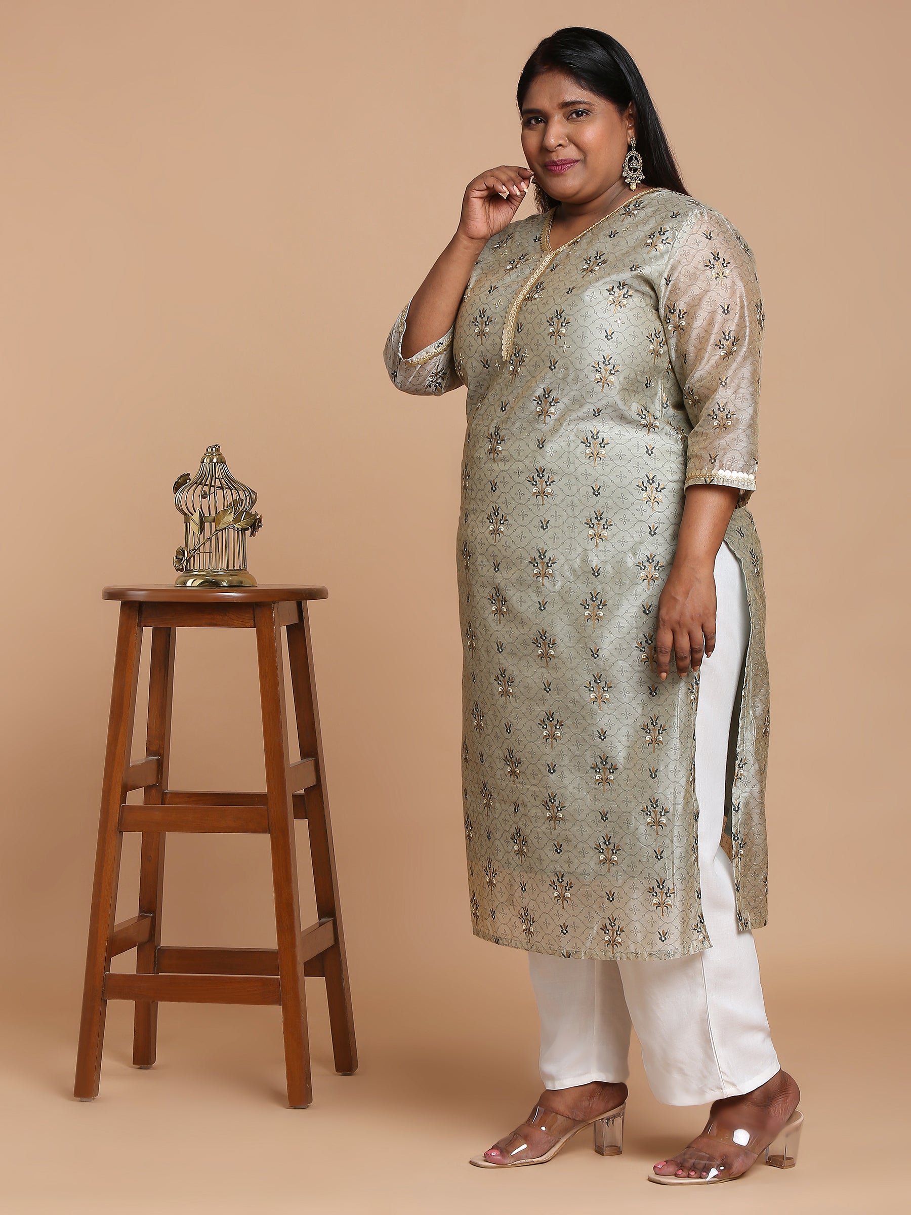 Light grey printed kurta with white pants