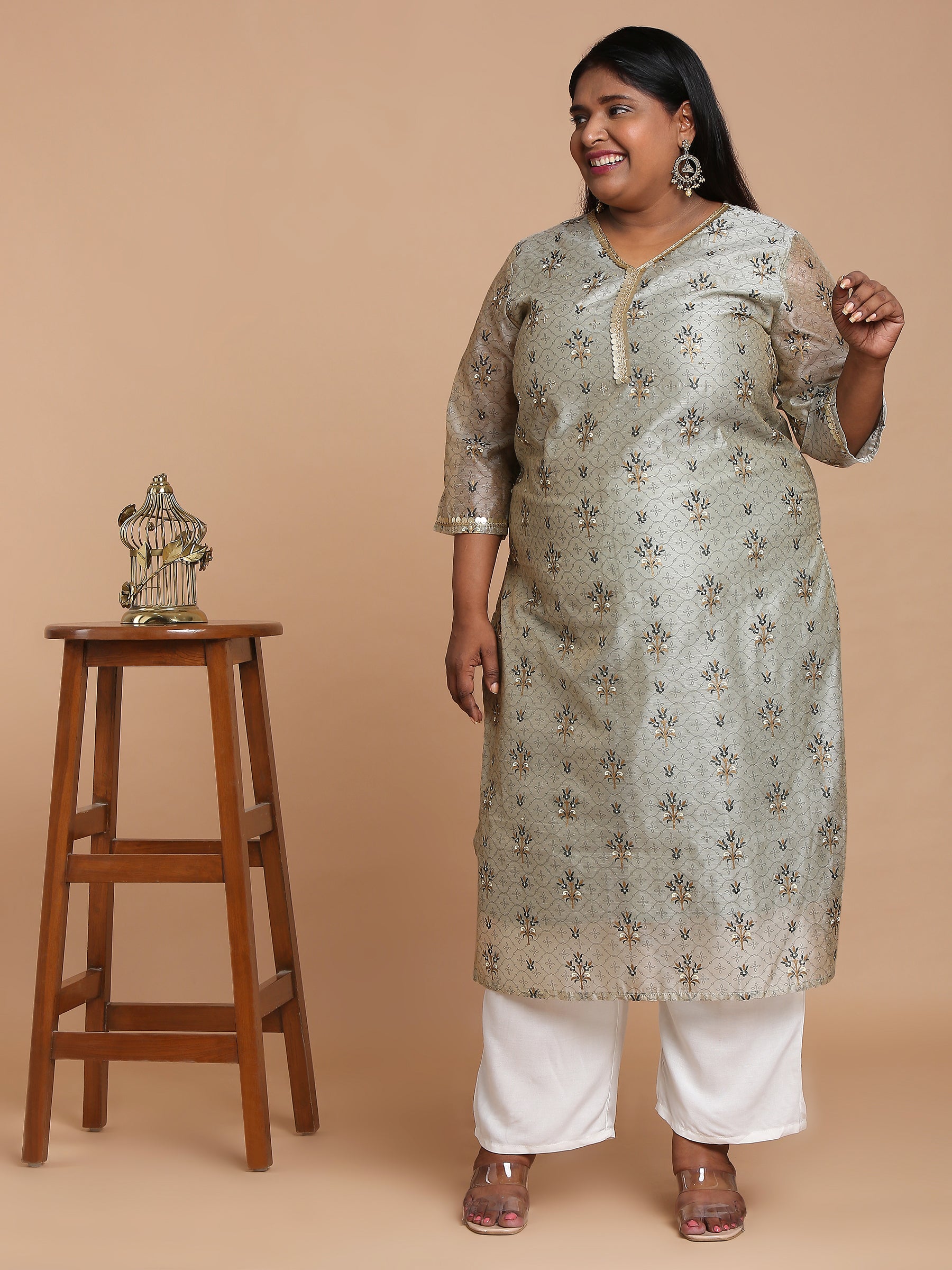 Light grey printed kurta with white pants