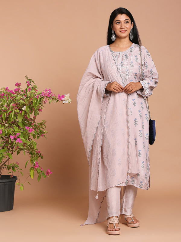 Lilac floral printed kurta with pants and dupatta