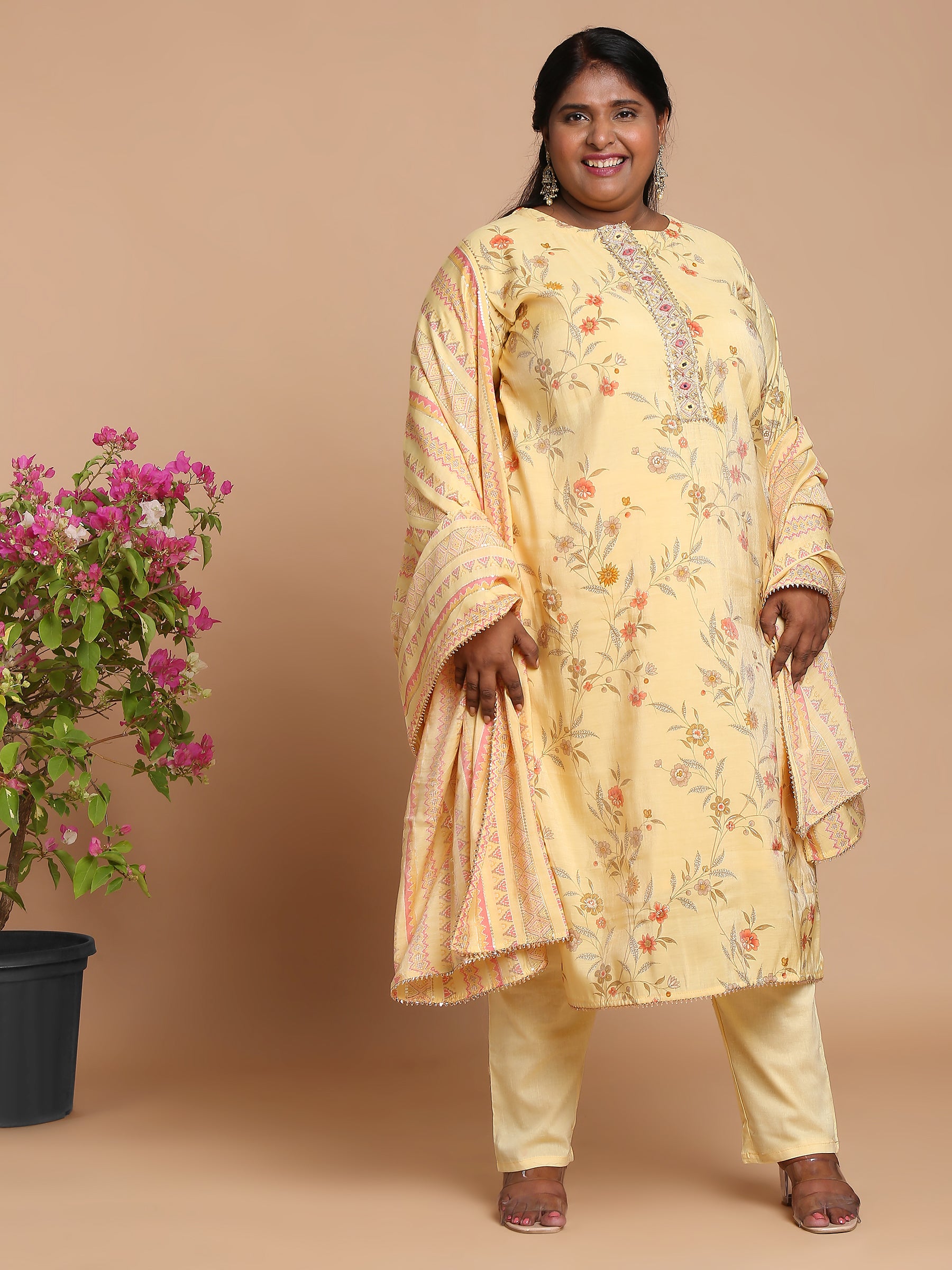 Lemon yellow floral printed kurta with pants and dupatta