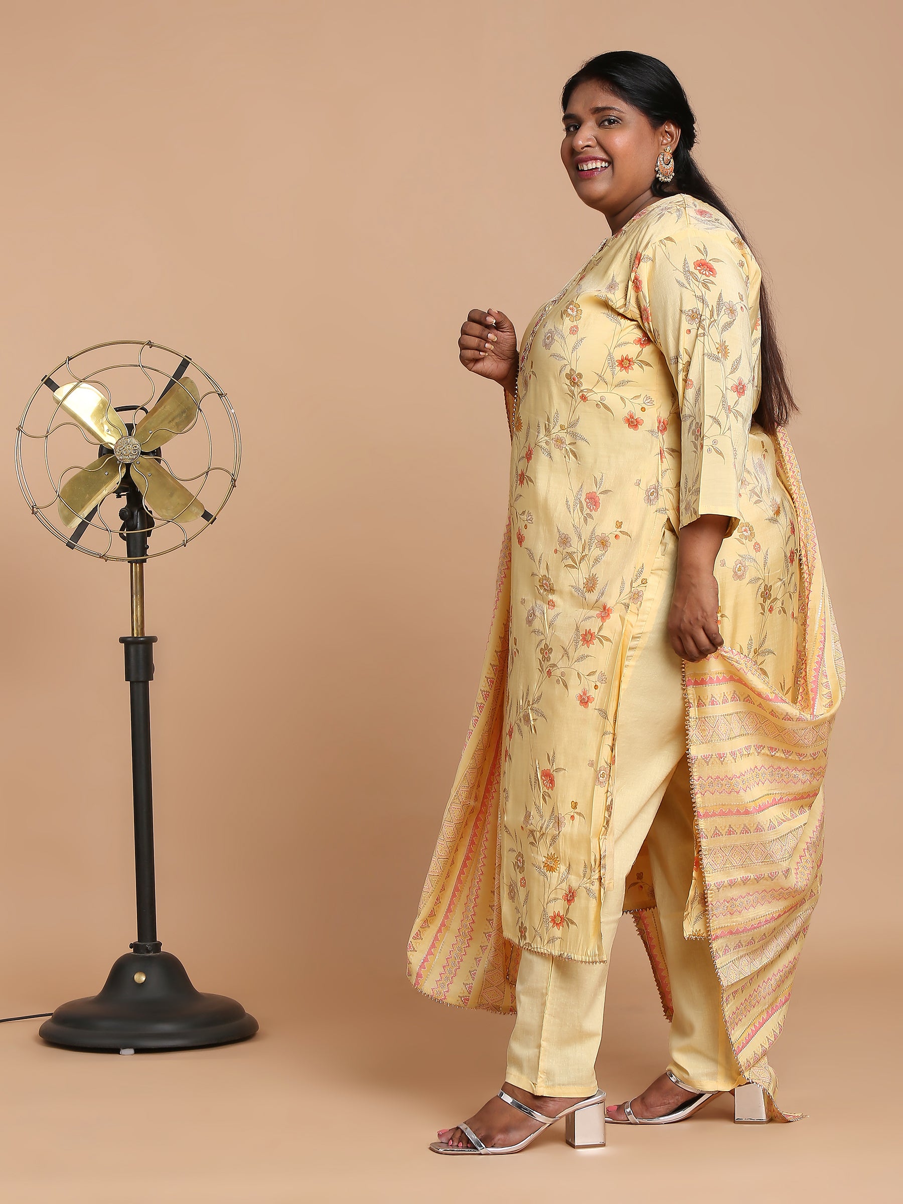 Lemon yellow floral printed kurta with pants and dupatta