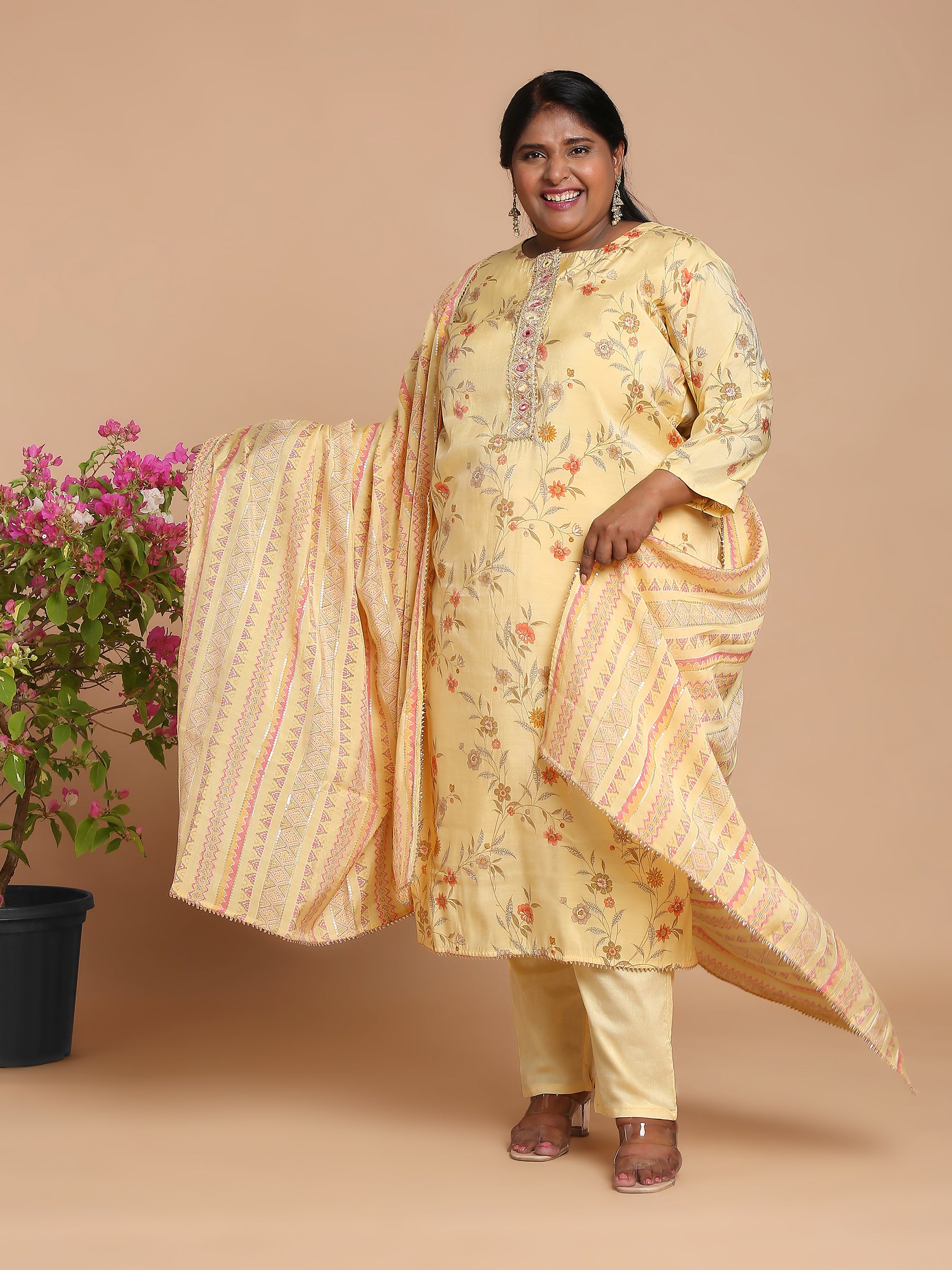 Lemon yellow floral printed kurta with pants and dupatta