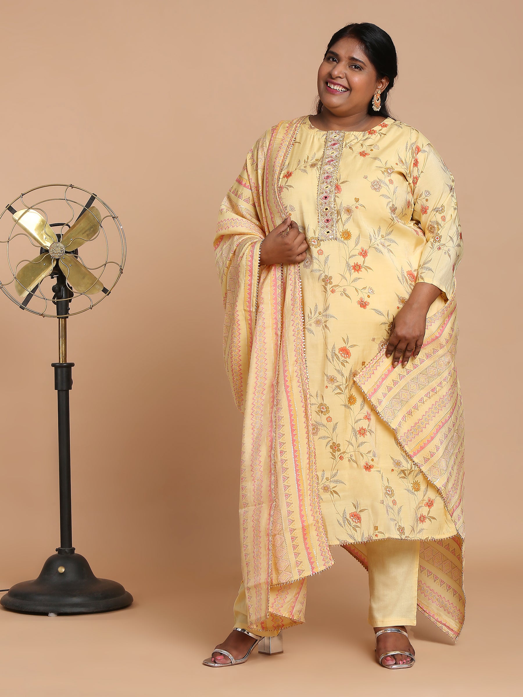 Lemon yellow floral printed kurta with pants and dupatta