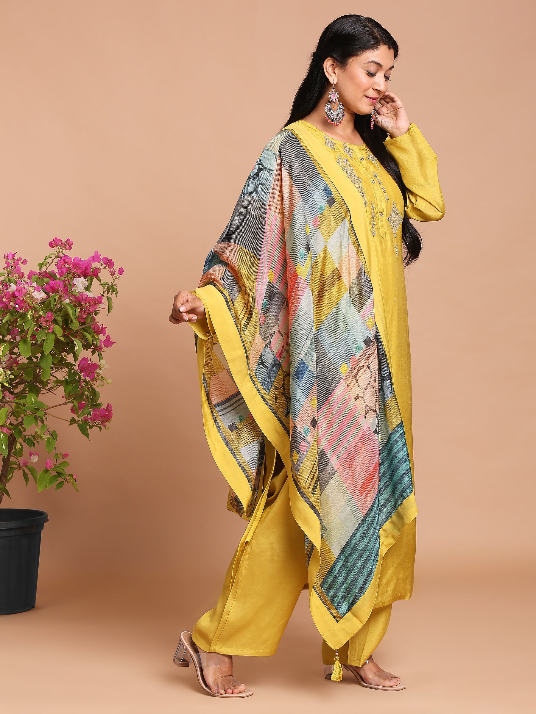 Mustard yellow kurta with pants and printed dupatta