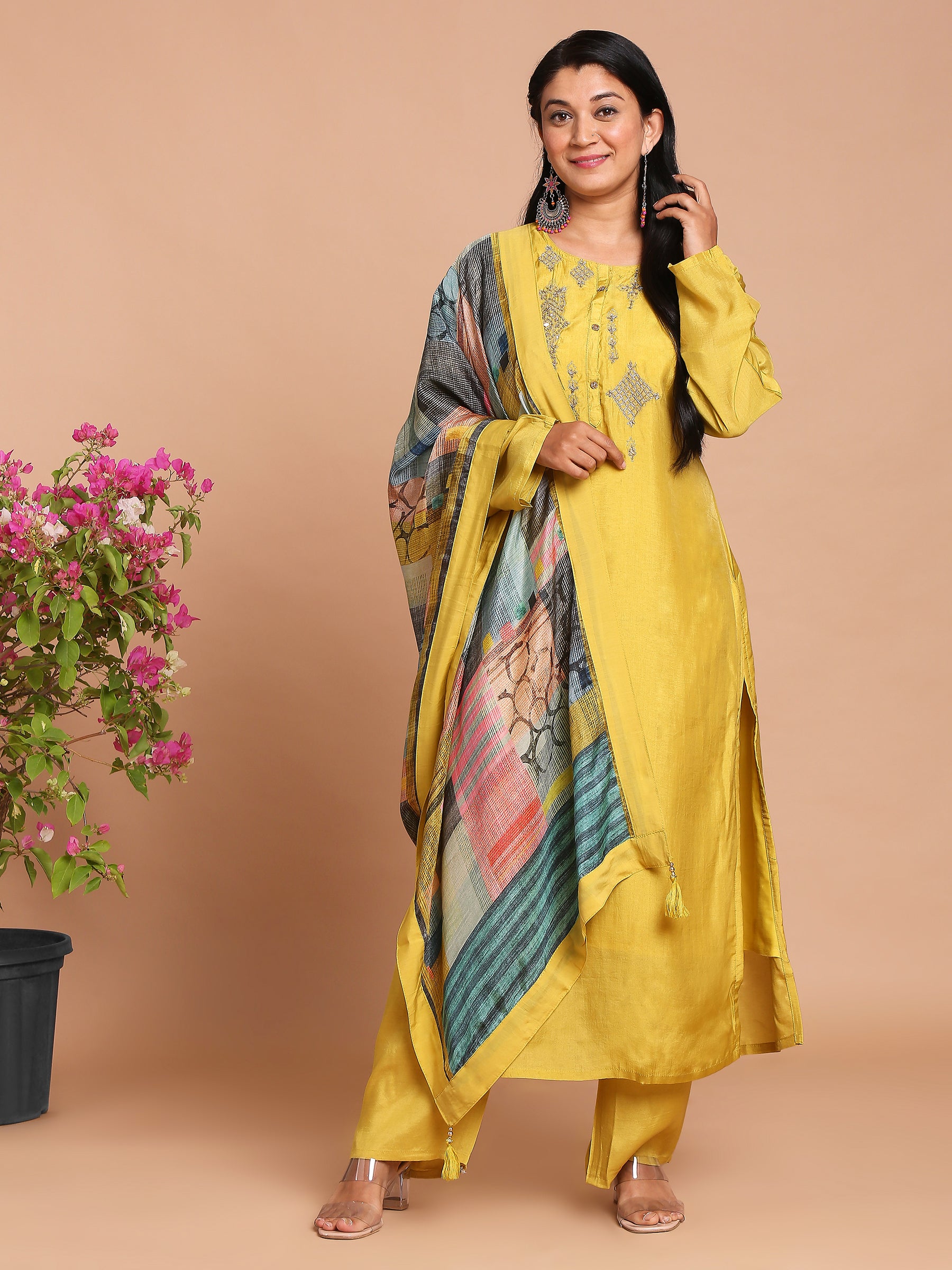 Mustard yellow kurta with pants and printed dupatta