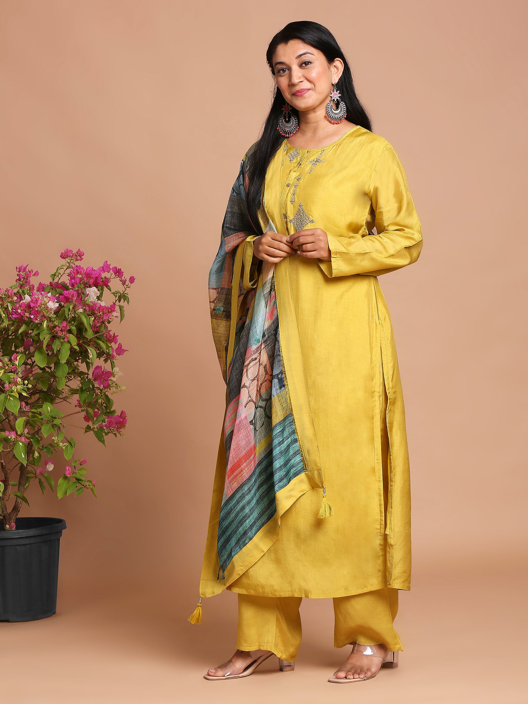 Mustard yellow kurta with pants and printed dupatta