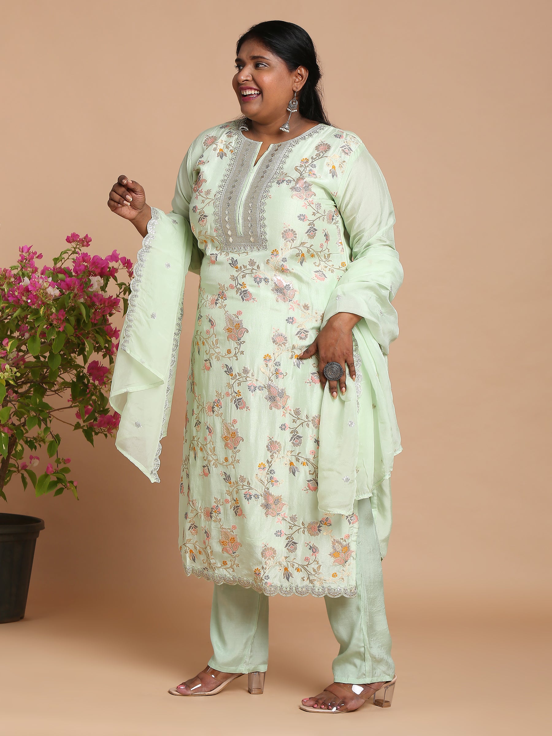 Mint green floral woven kurta with pants and dupatta