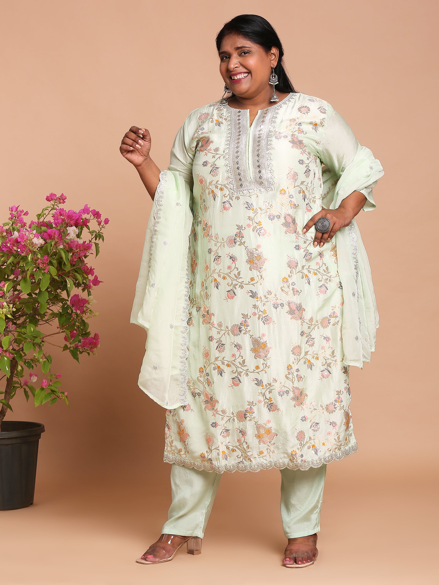 Mint green floral woven kurta with pants and dupatta