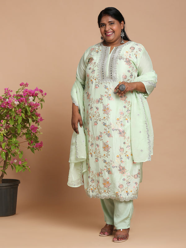 Mint green floral woven kurta with pants and dupatta