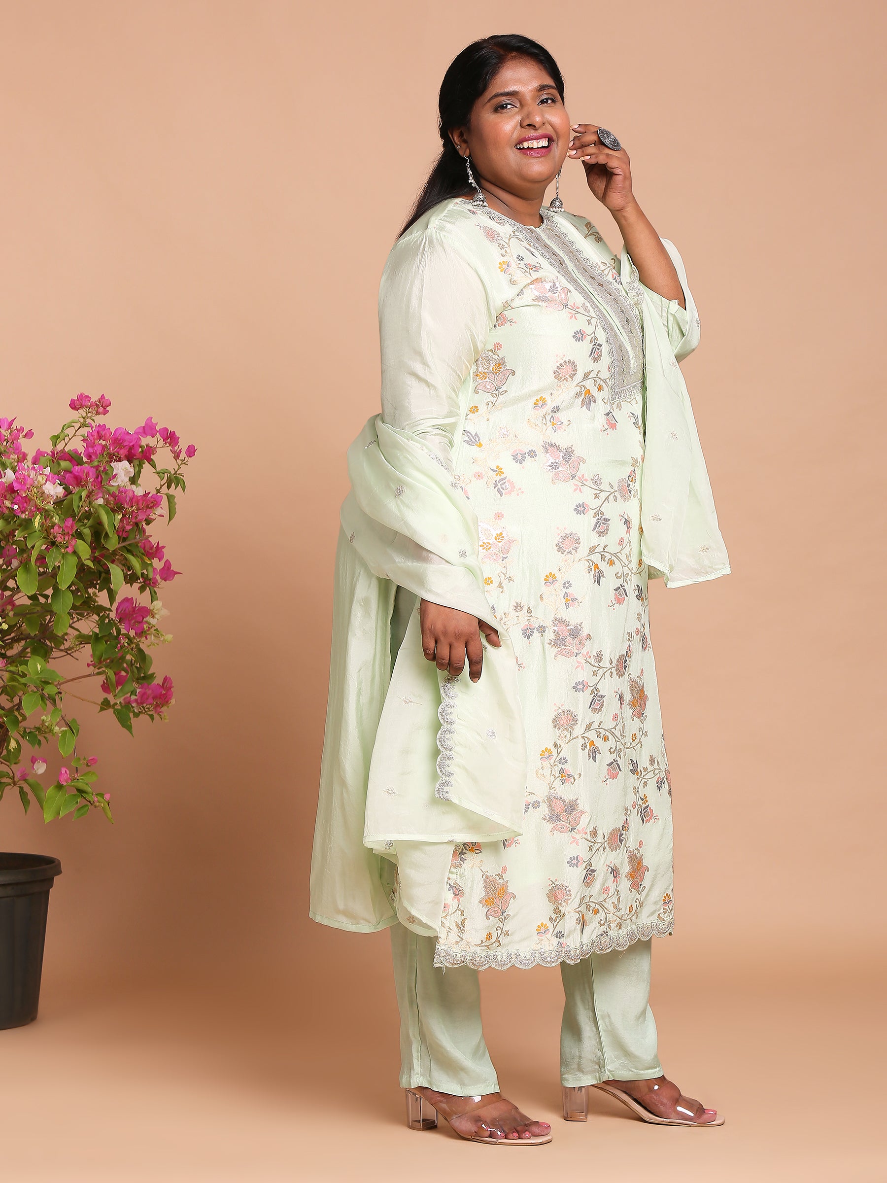 Mint green floral woven kurta with pants and dupatta