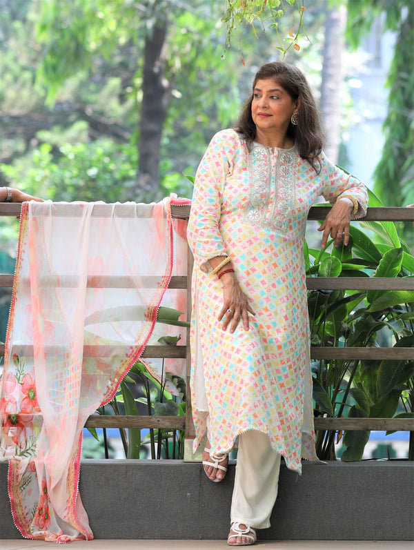 Multicolor kurta with pants and floral printed dupatta