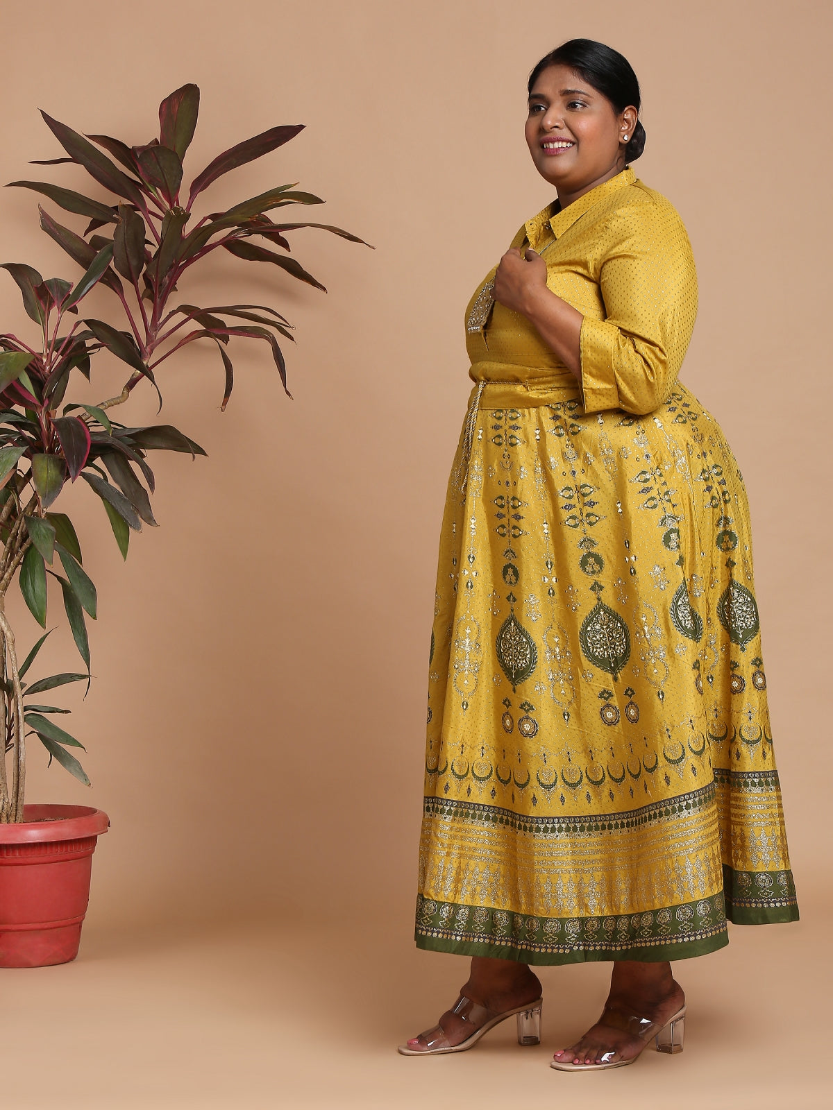 Mustard yellow printed long dress with belt and necklace