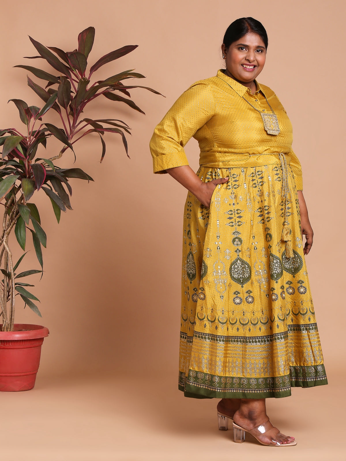 Mustard yellow printed long dress with belt and necklace