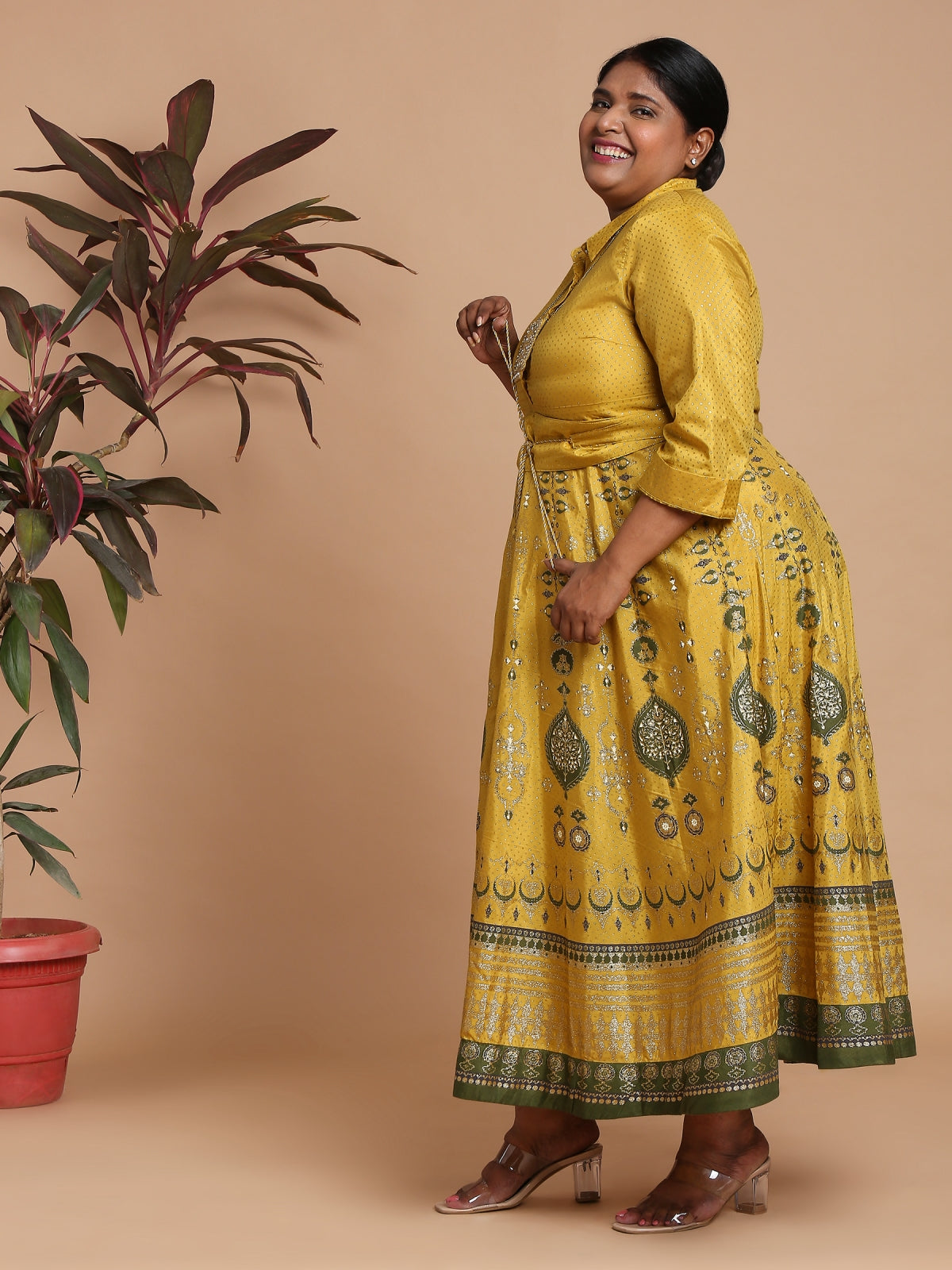 Mustard yellow printed long dress with belt and necklace