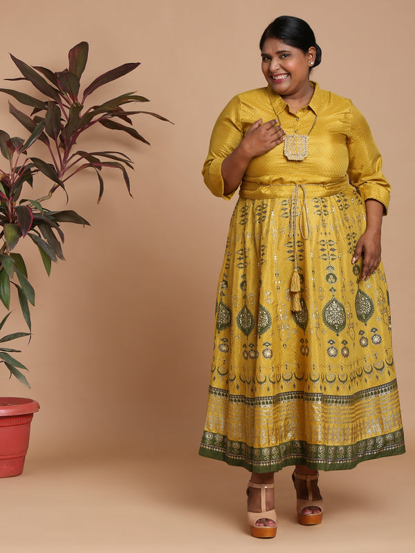 Mustard yellow printed long dress with belt and necklace