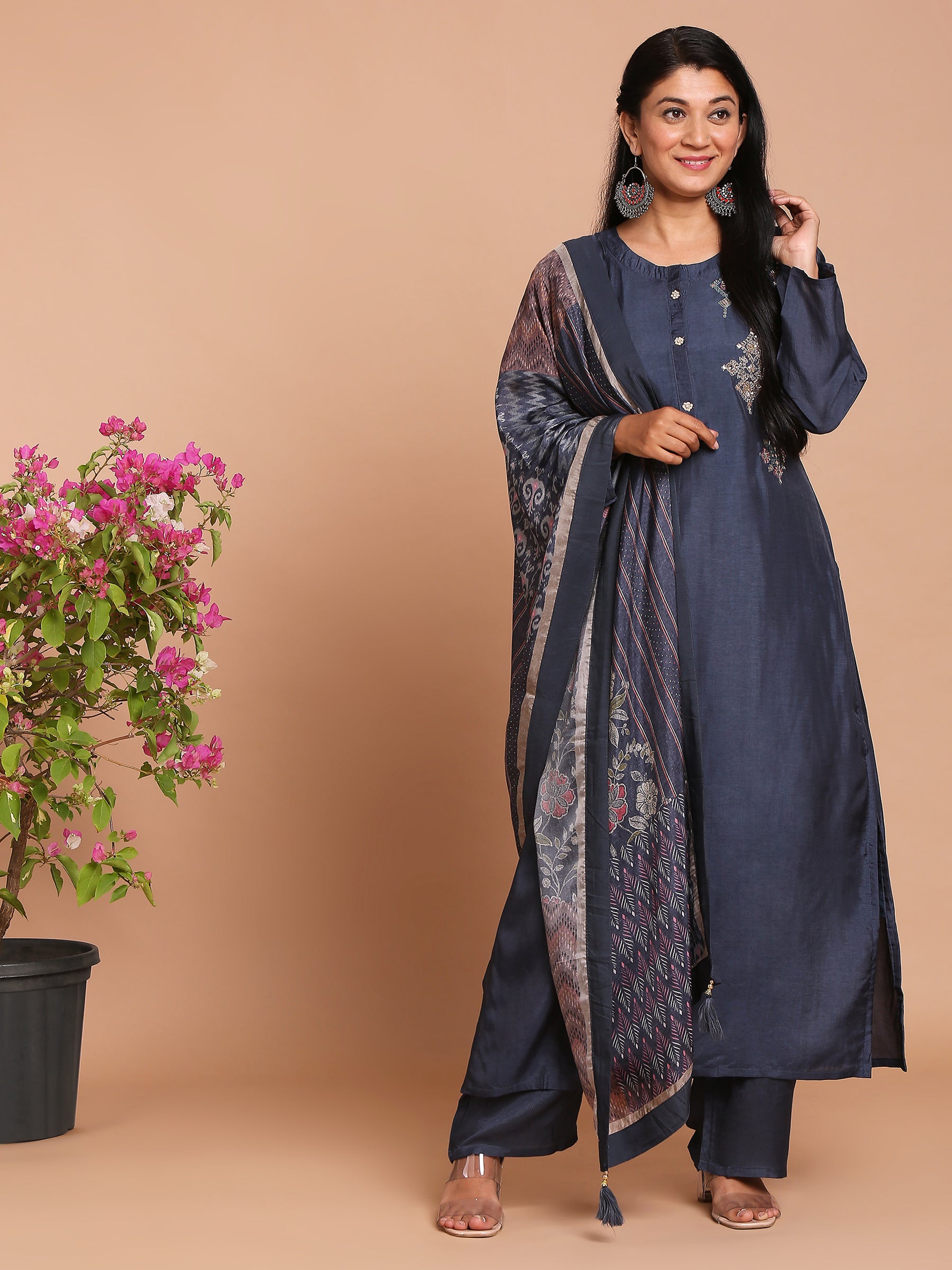 Navy blue kurta with pants and printed dupatta