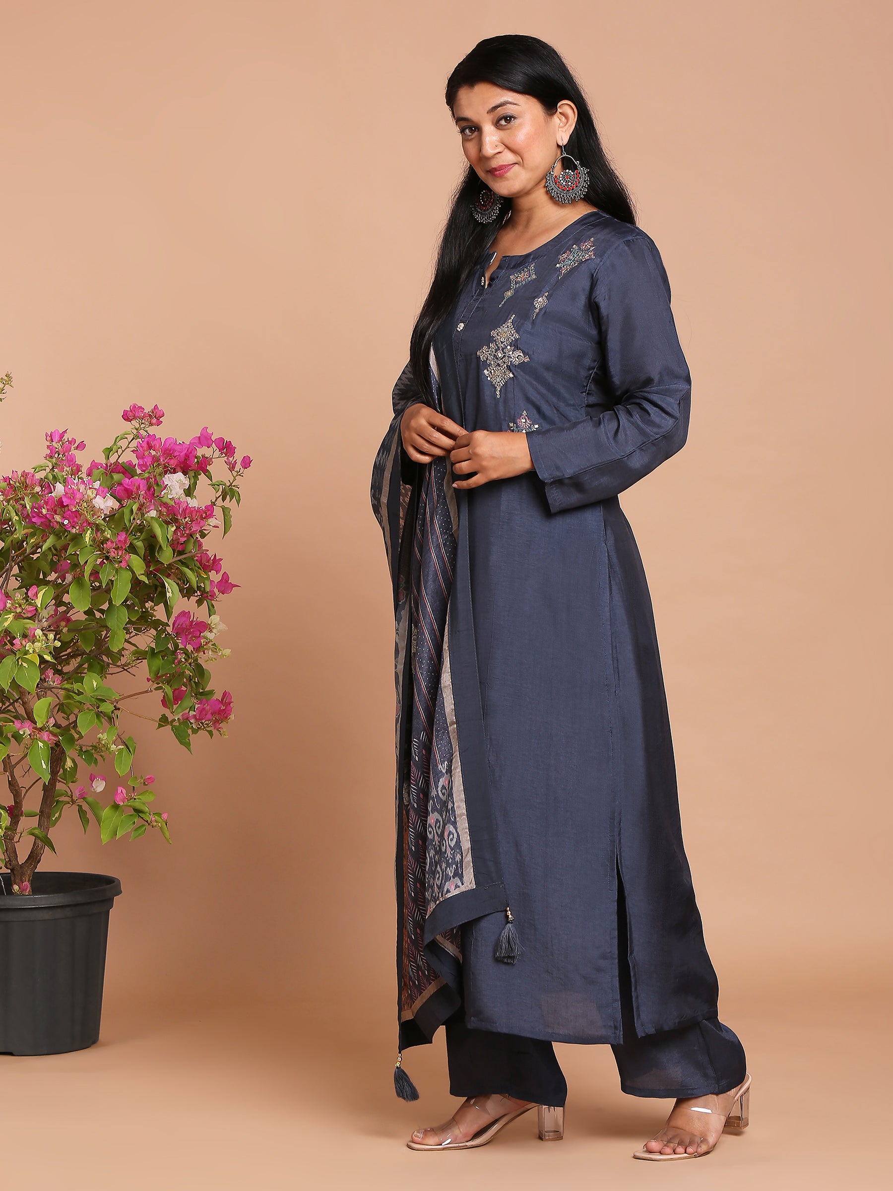 Navy blue kurta with pants and printed dupatta