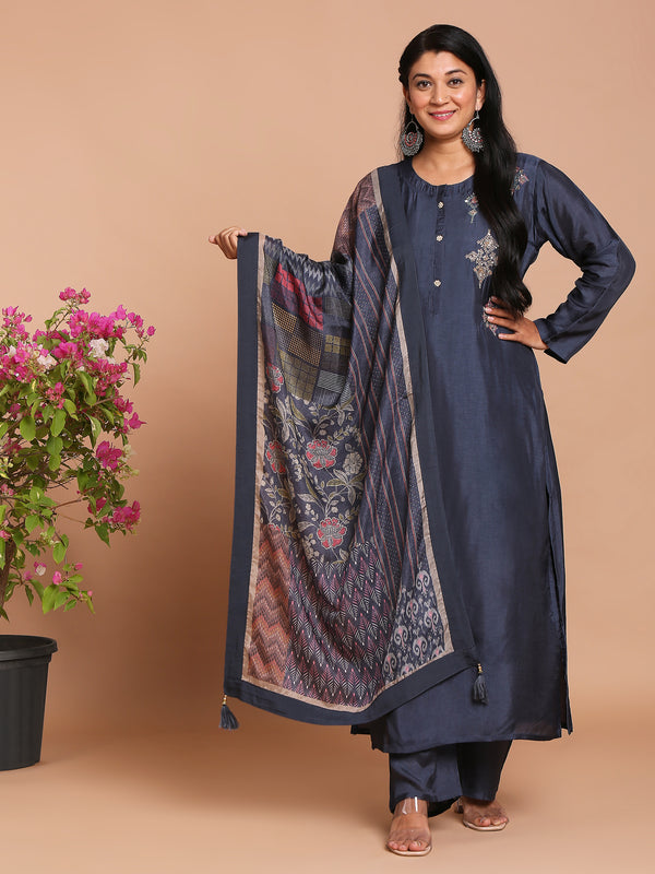 Navy blue kurta with pants and printed dupatta