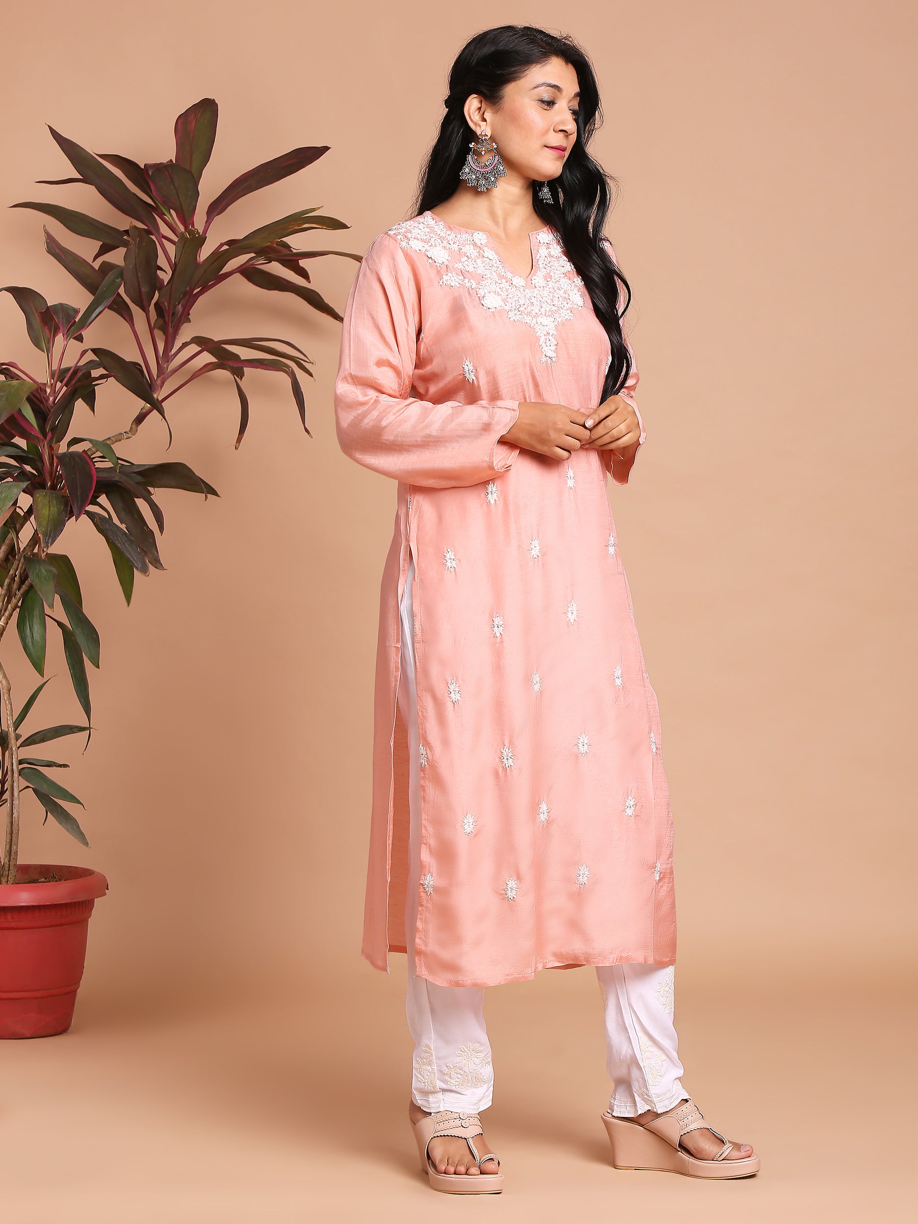 Pink threadwork kurta with white pants