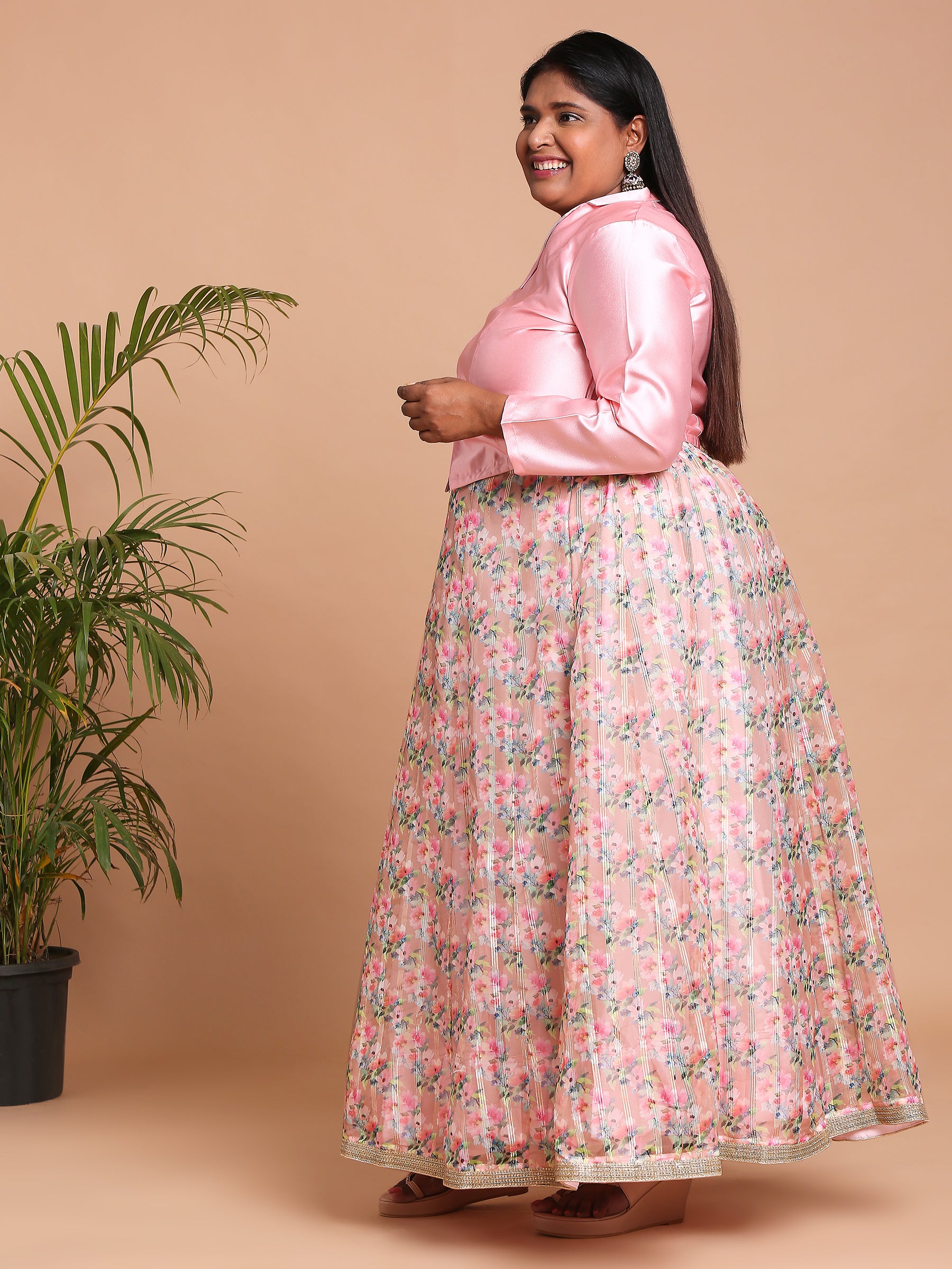 Pink top with floral printed skirt